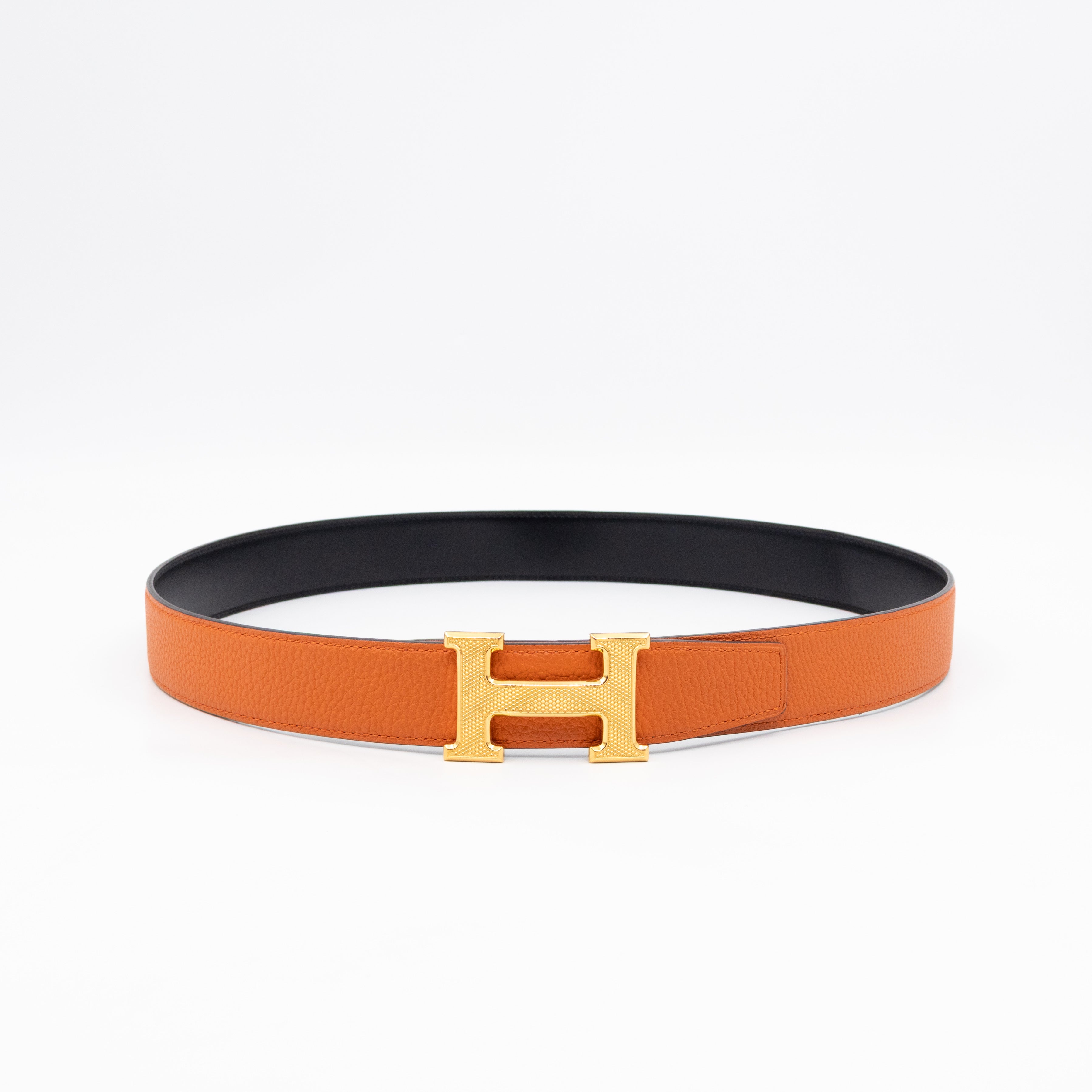 H Guillochee Belt Buckle & Reversible Orange & Noir Leather Belt 85 cm