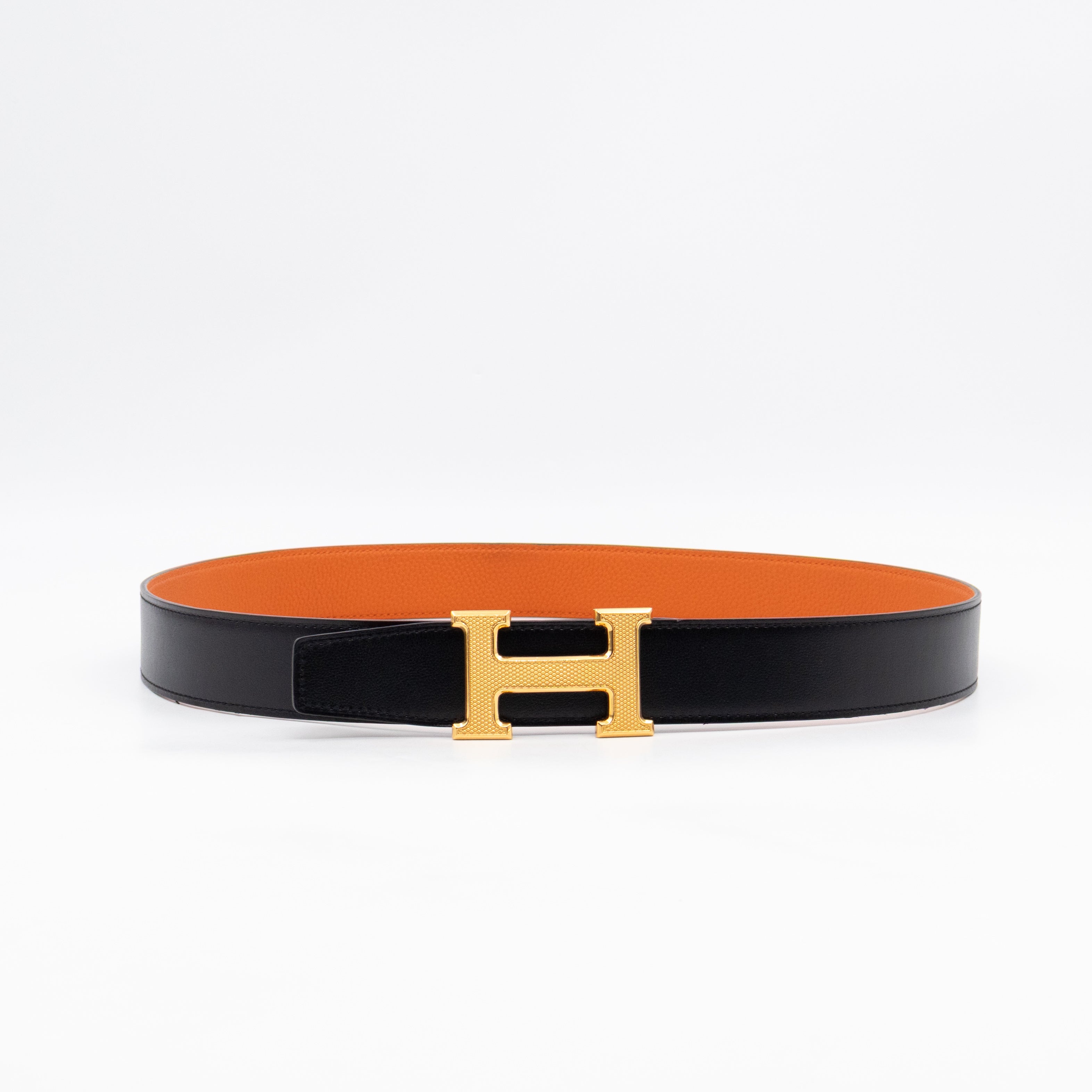 H Guillochee Belt Buckle & Reversible Orange & Noir Leather Belt 85 cm