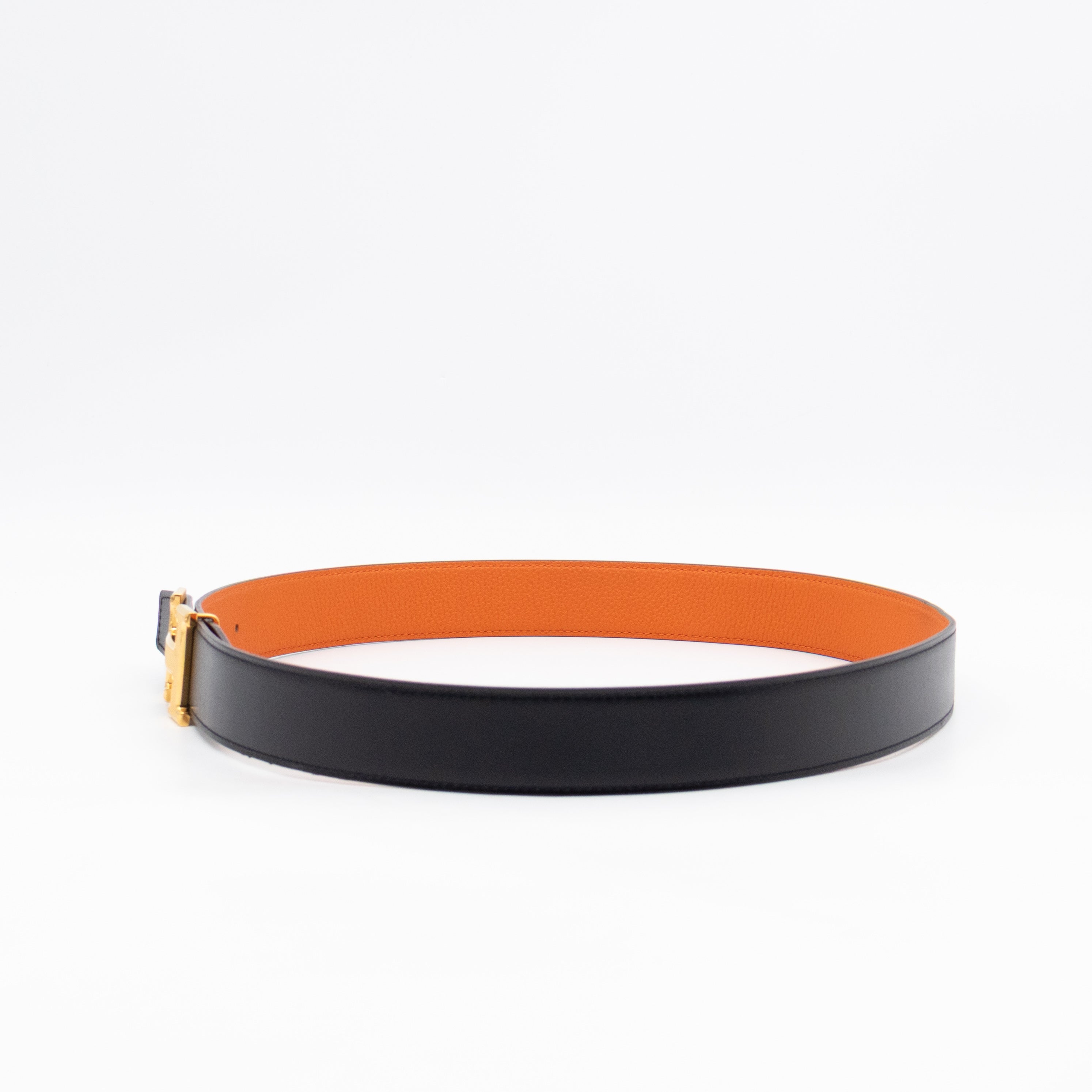 H Guillochee Belt Buckle & Reversible Orange & Noir Leather Belt 85 cm
