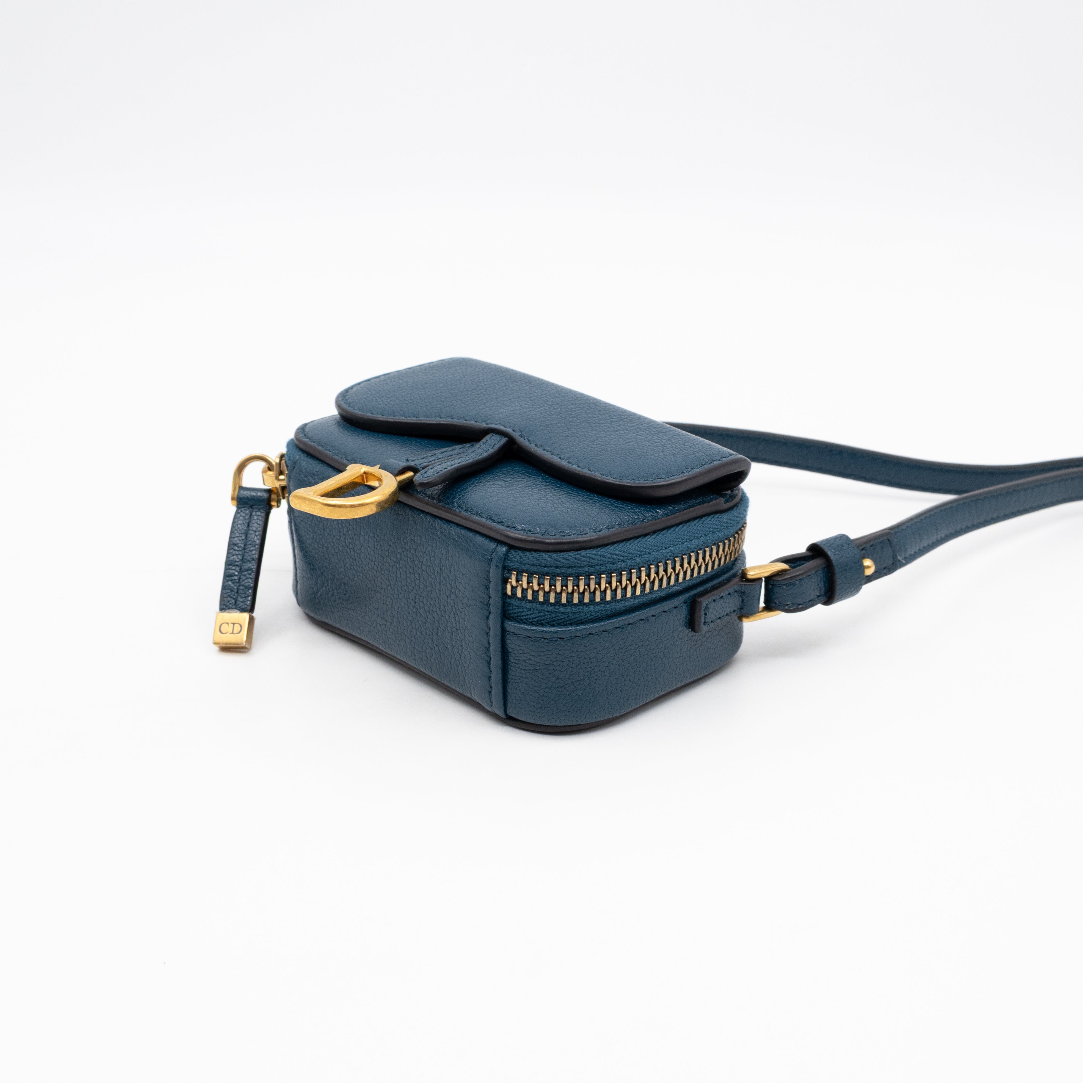 Mini Saddle Crossbody Pouch Steel Blue Leather