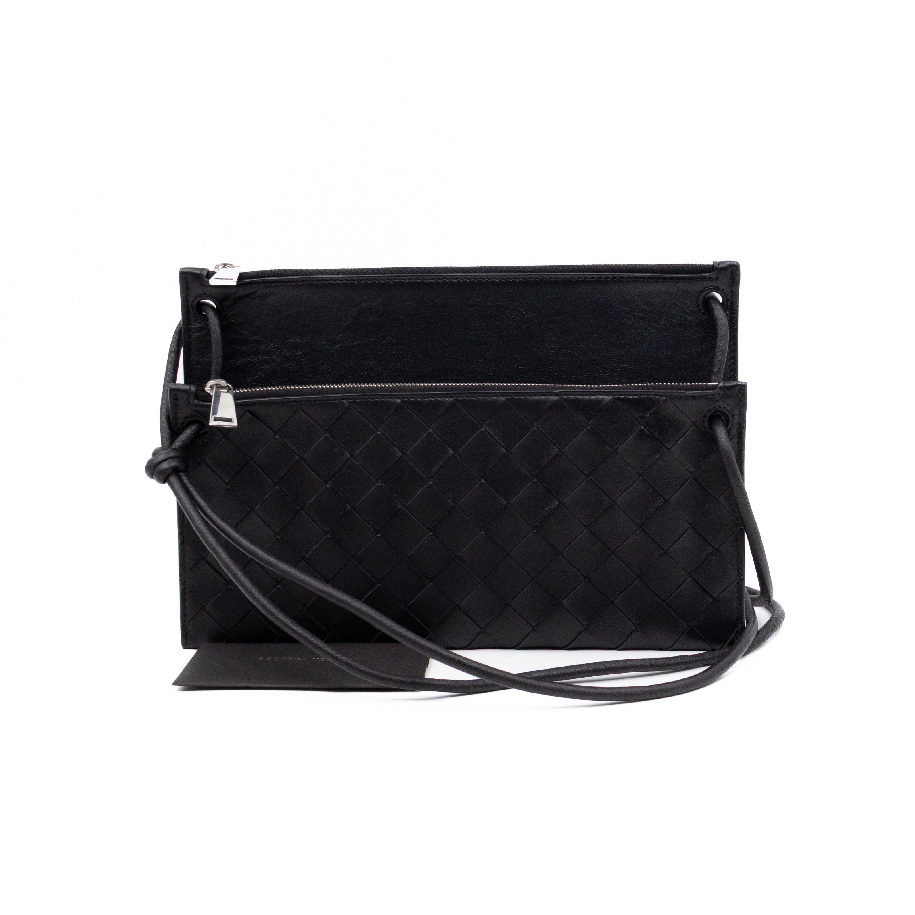 Double Pouch Crossbody Bag Black Intrecciato Leather