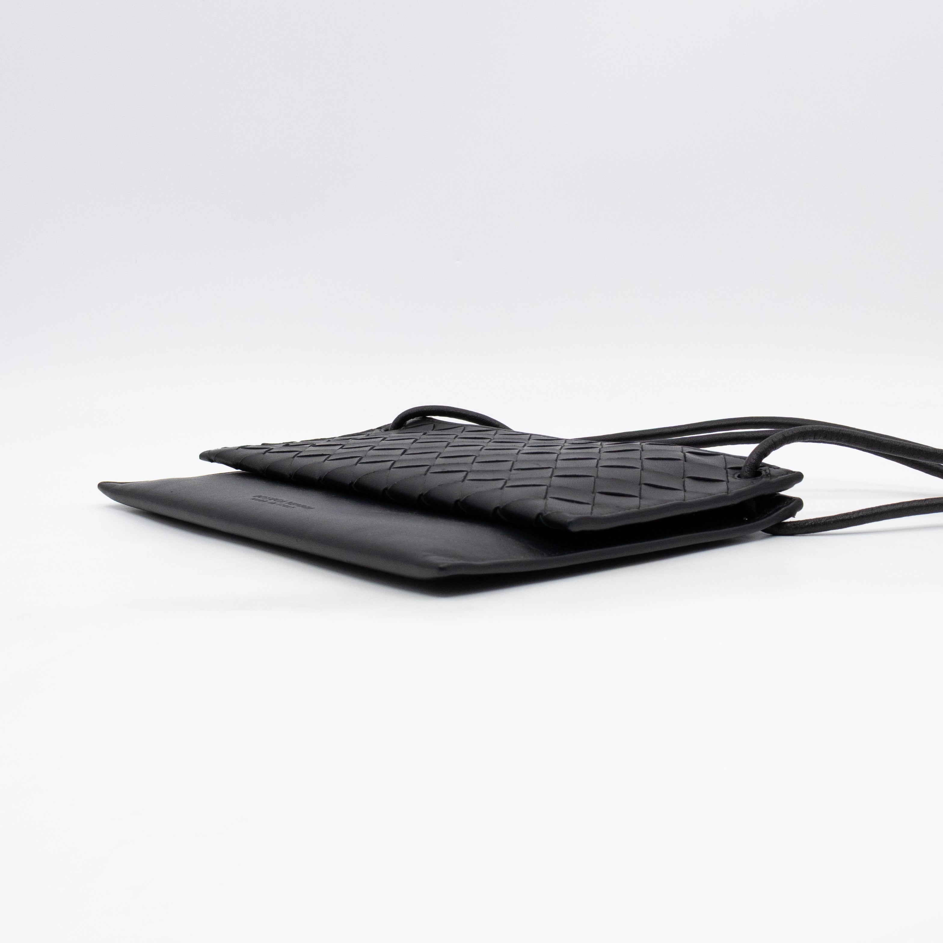 Double Pouch Crossbody Bag Black Intrecciato Leather