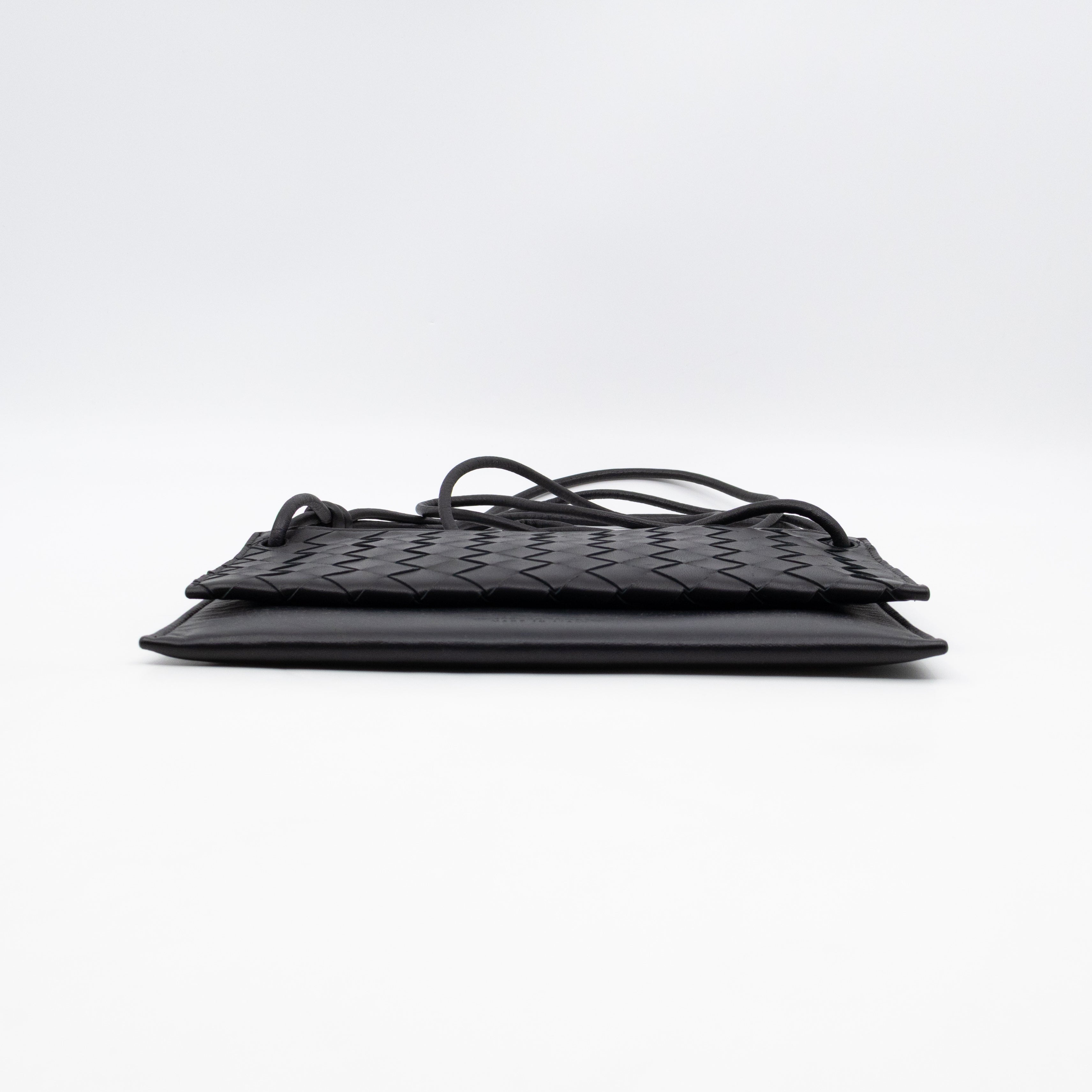 Double Pouch Crossbody Bag Black Intrecciato Leather