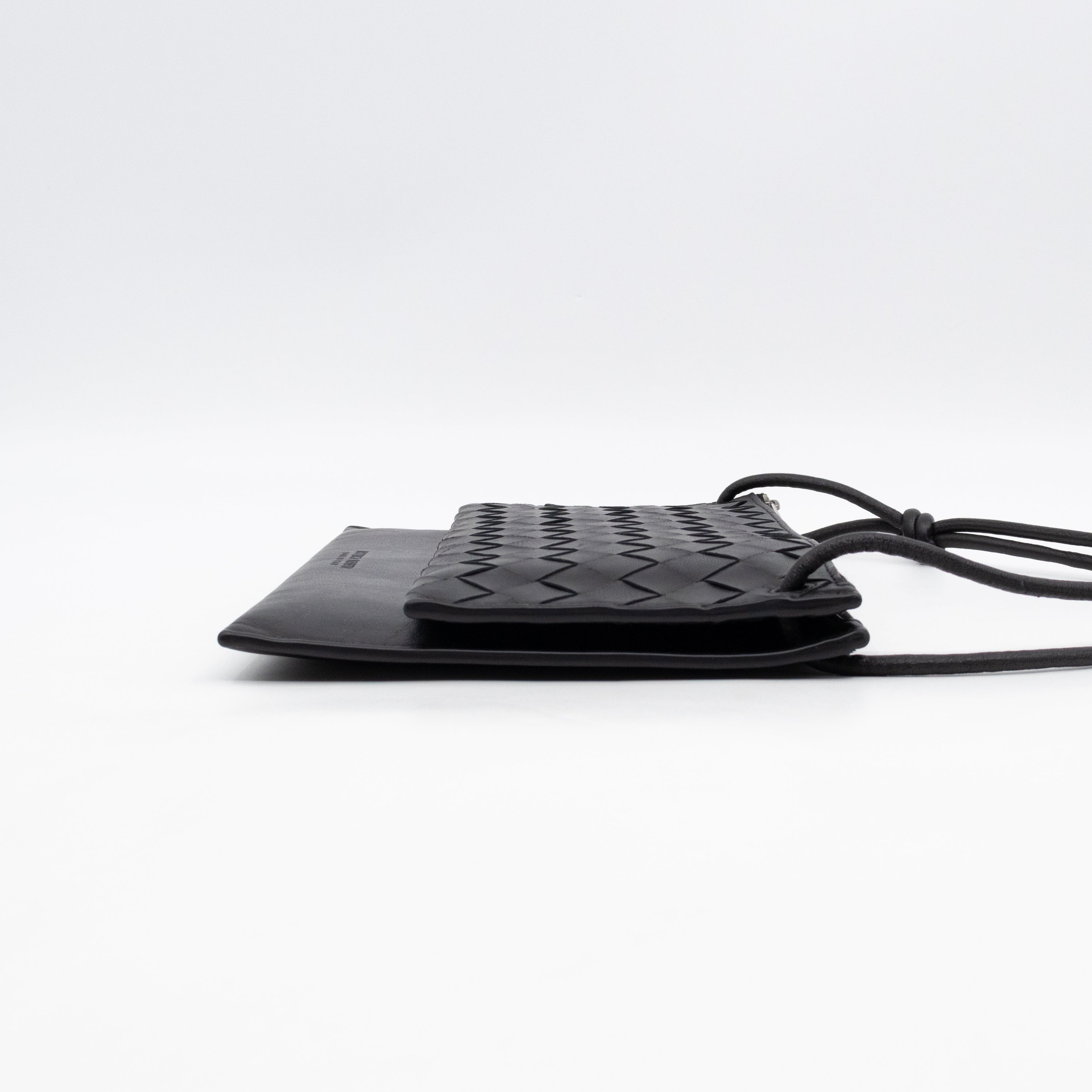 Double Pouch Crossbody Bag Black Intrecciato Leather