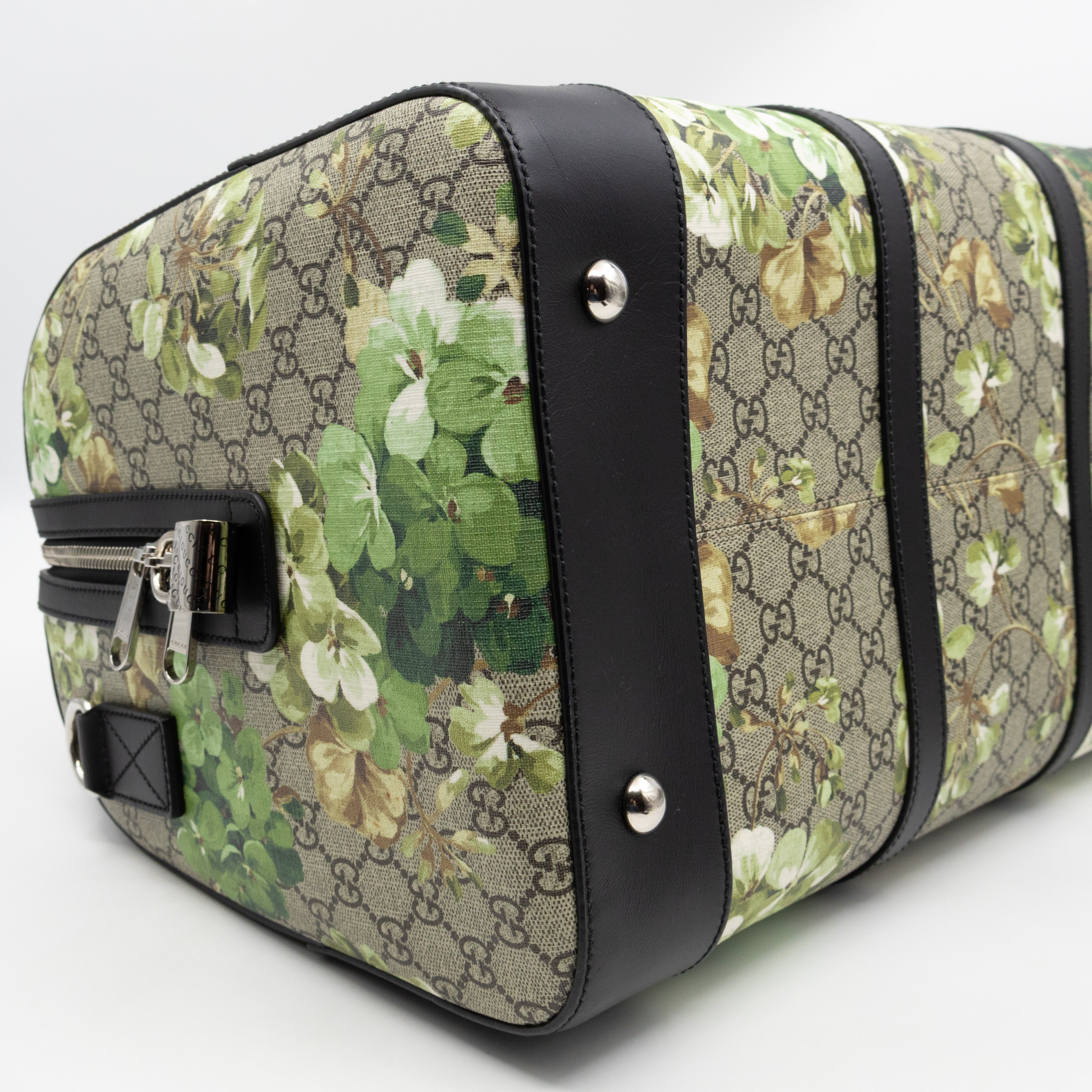Medium Duffle Bag GG Supreme Blooms Black Leather