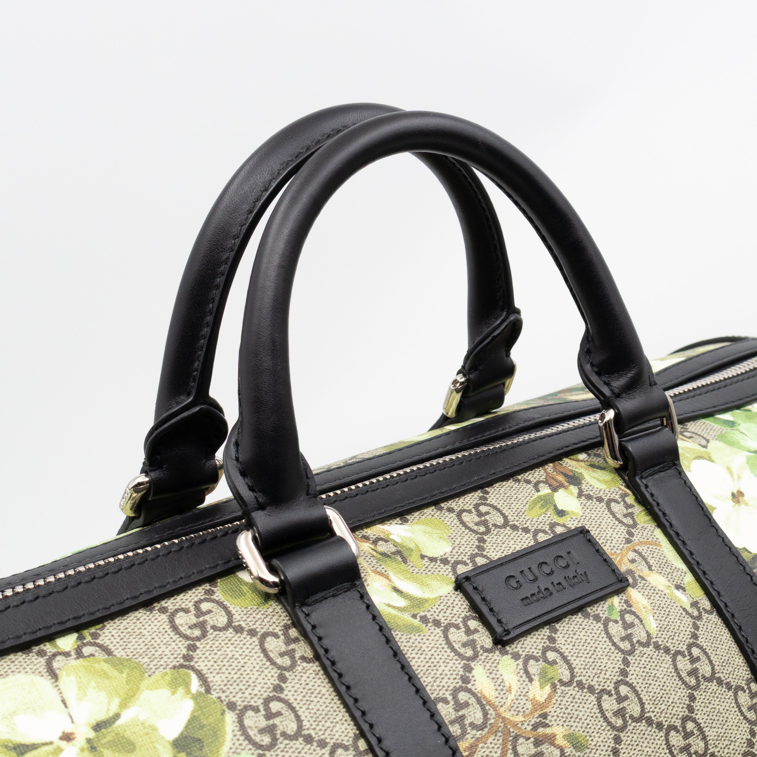 Medium Duffle Bag GG Supreme Blooms Black Leather