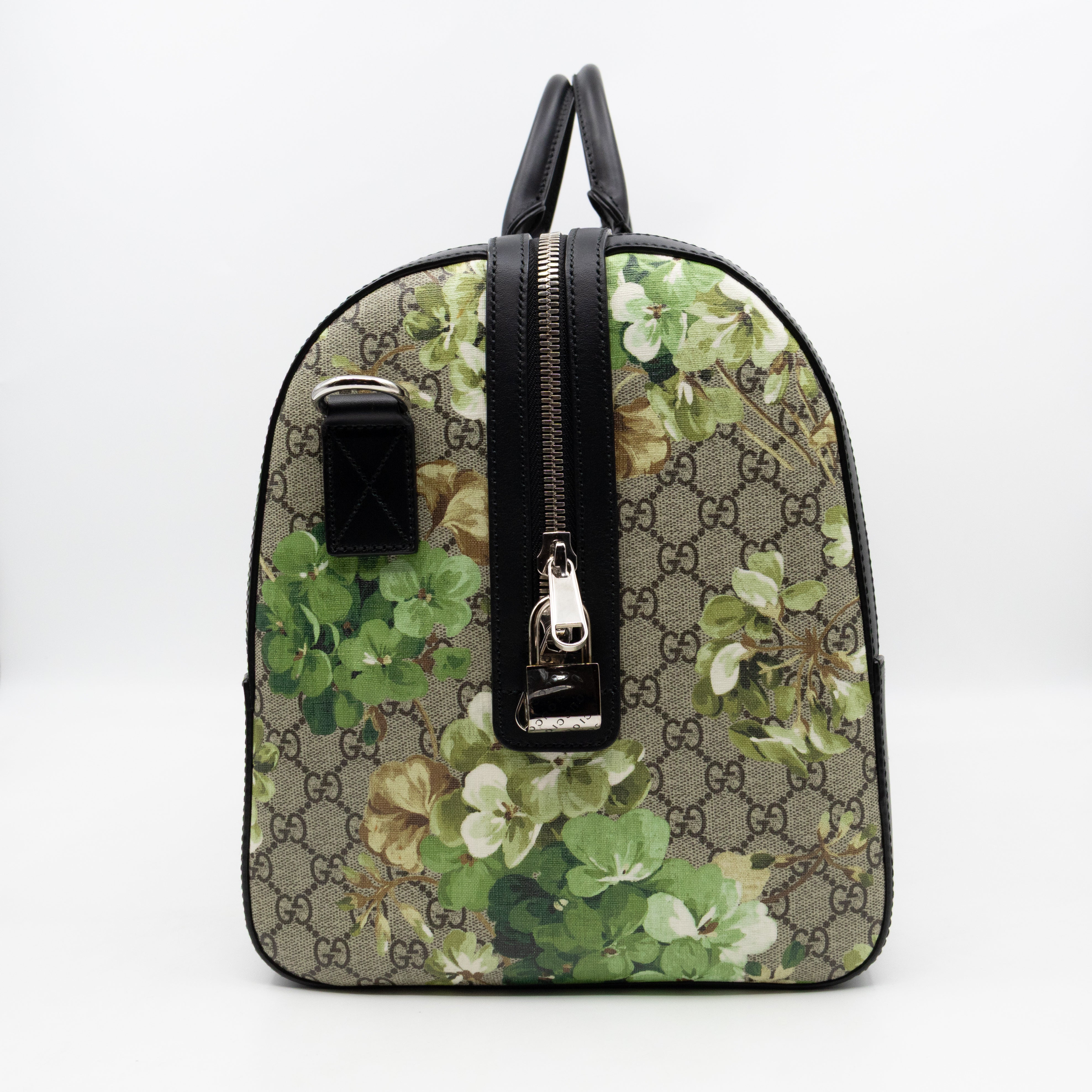 Medium Duffle Bag GG Supreme Blooms Black Leather