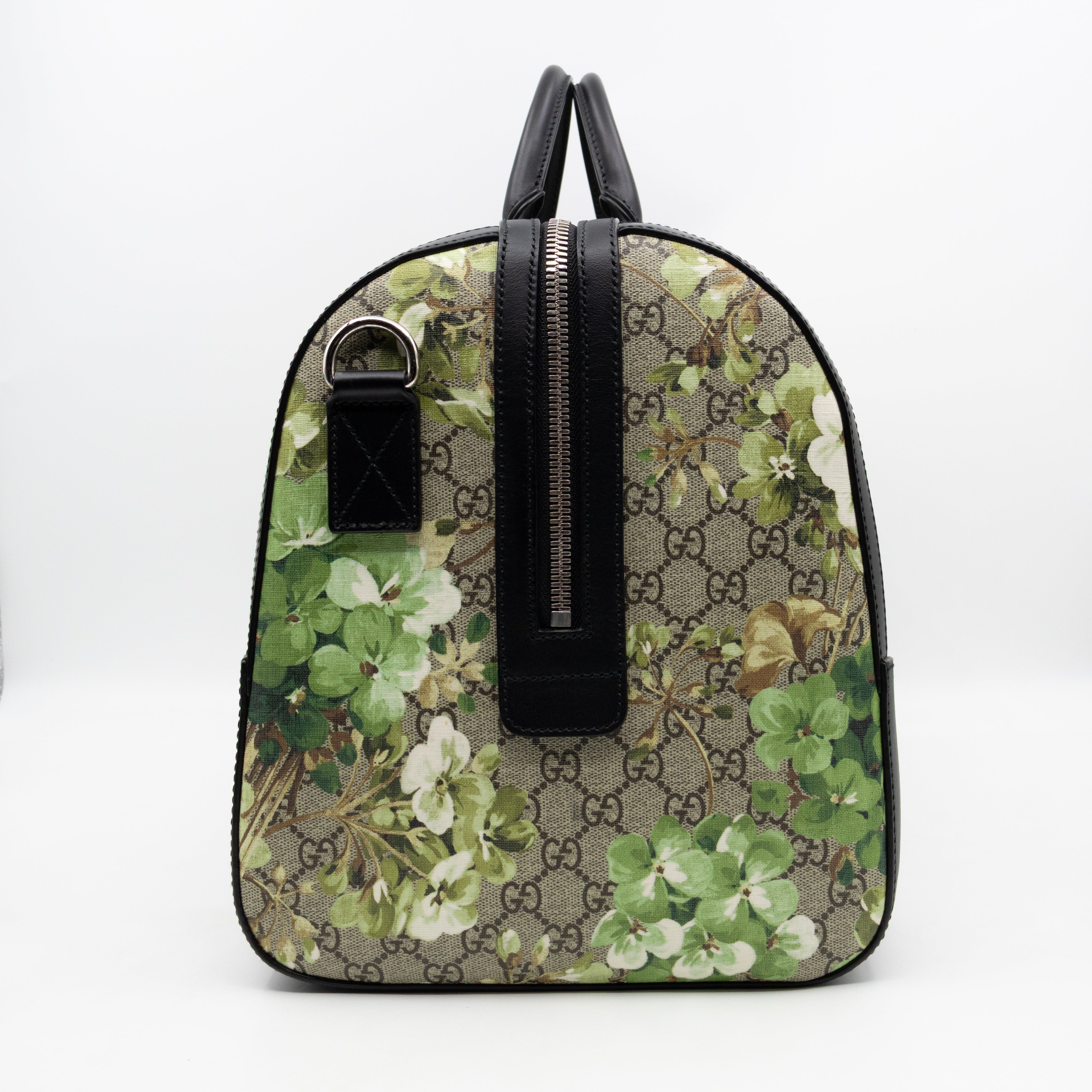 Medium Duffle Bag GG Supreme Blooms Black Leather