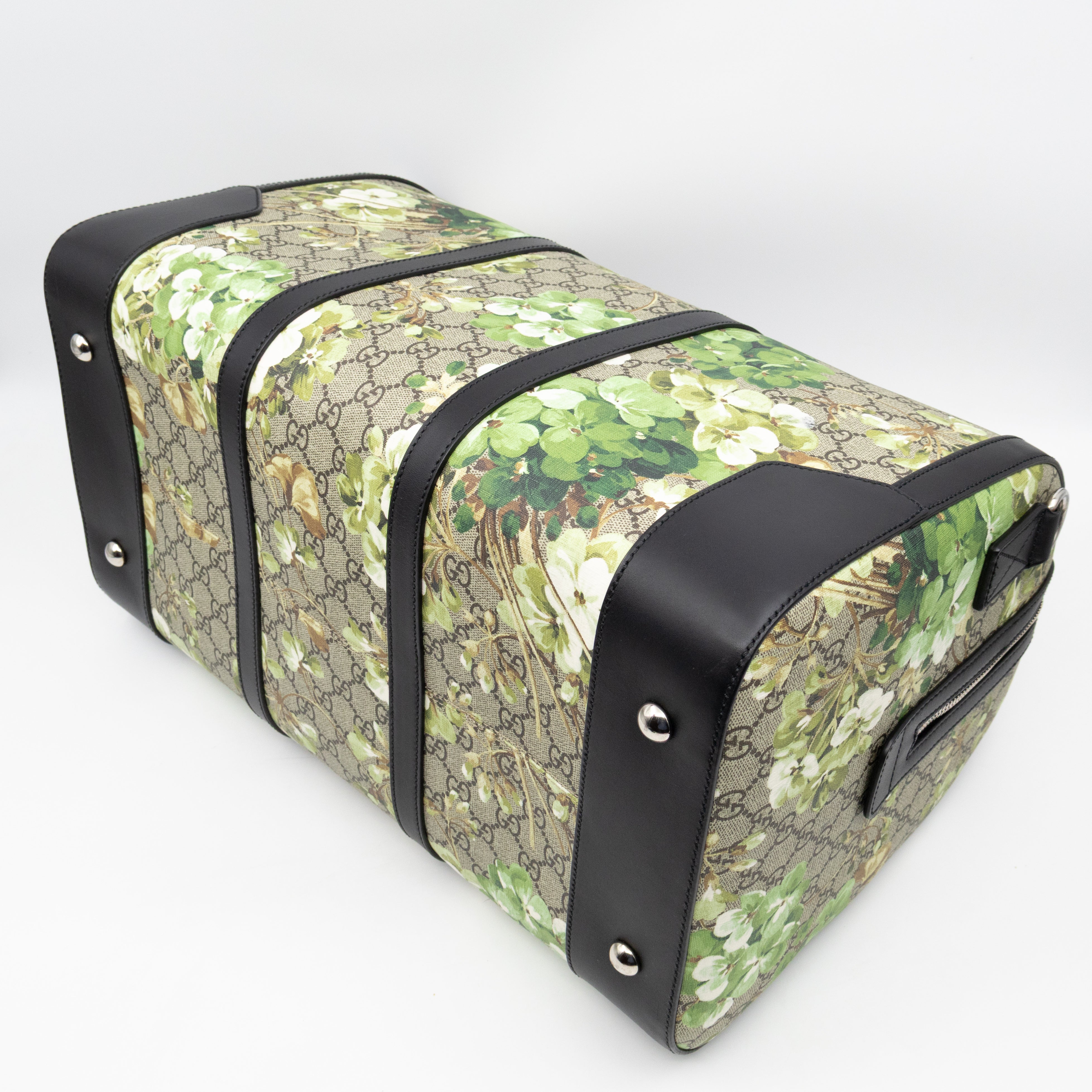 Medium Duffle Bag GG Supreme Blooms Black Leather