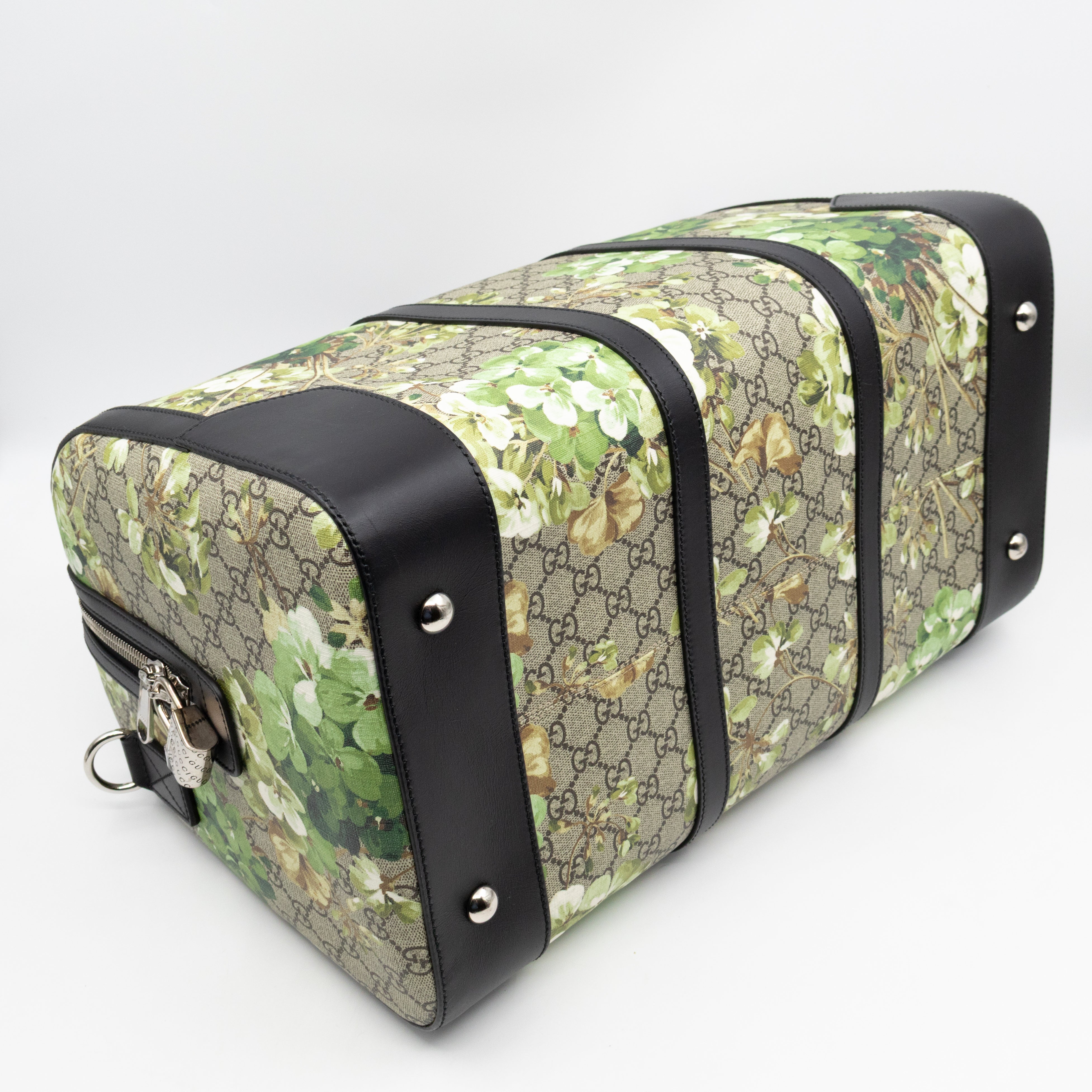 Medium Duffle Bag GG Supreme Blooms Black Leather