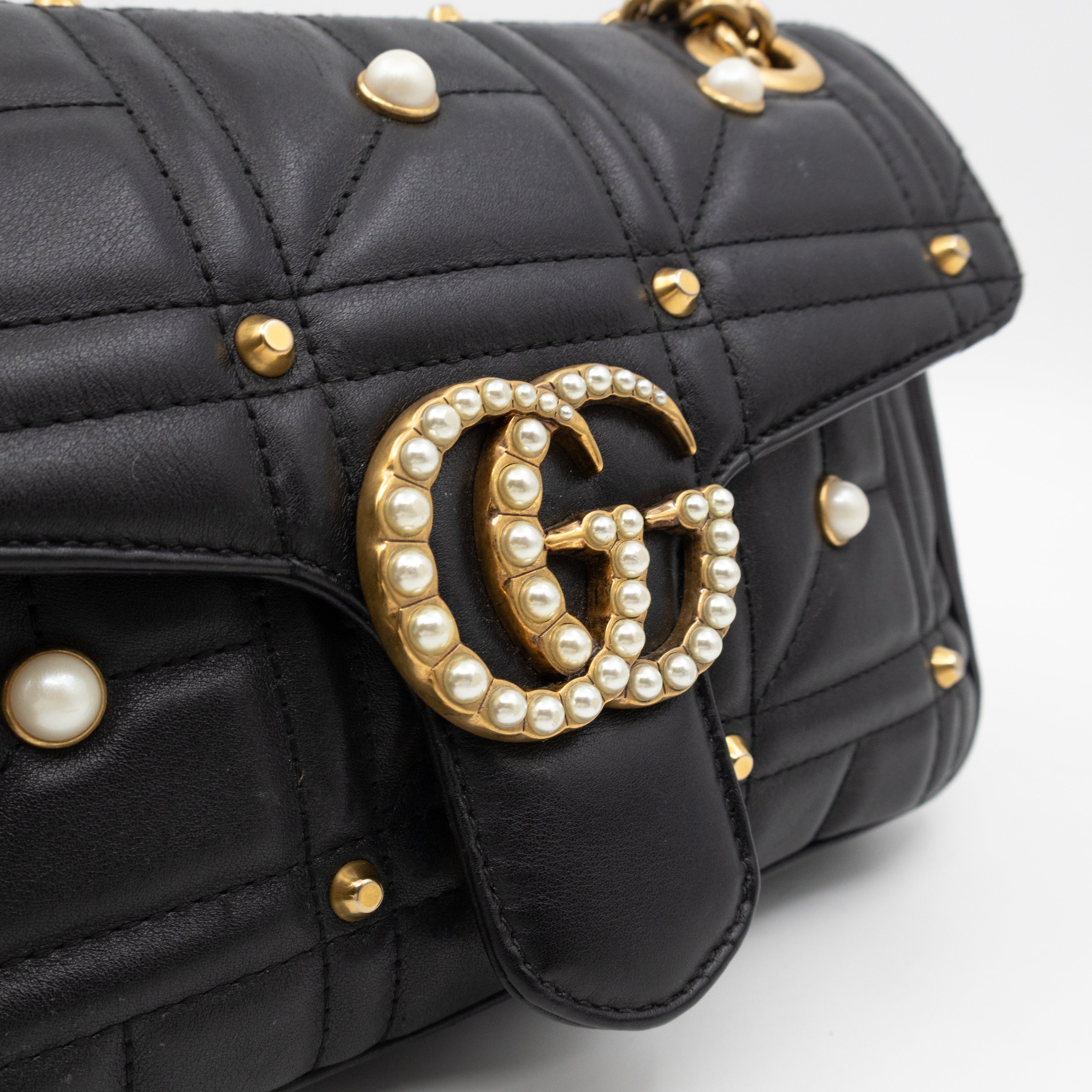 GG Marmont Medium Flap Bag Pearls Black Matelasse Leather