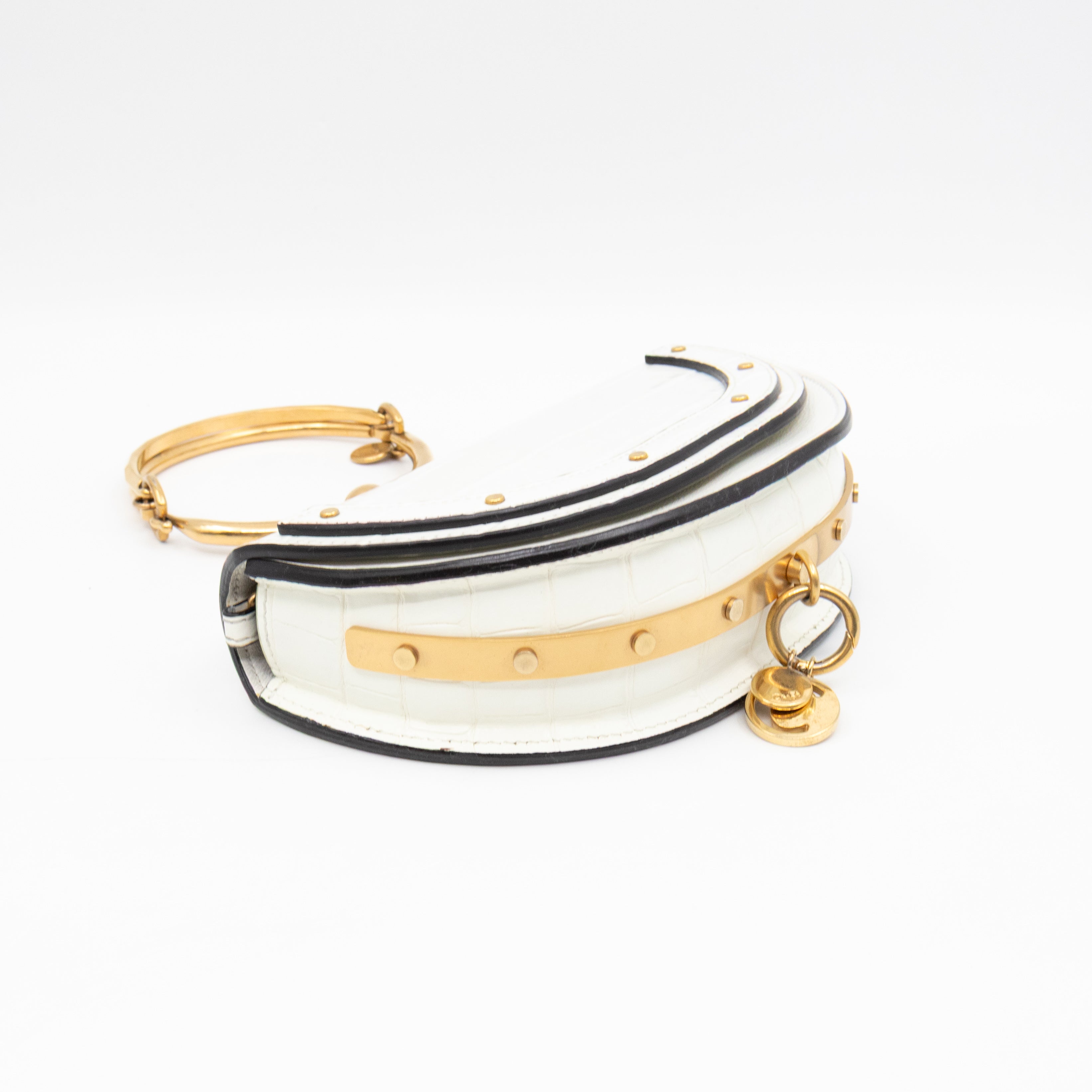 Nile Bracelet Minaudiere Crossbody Bag White Croc Embossed Leather