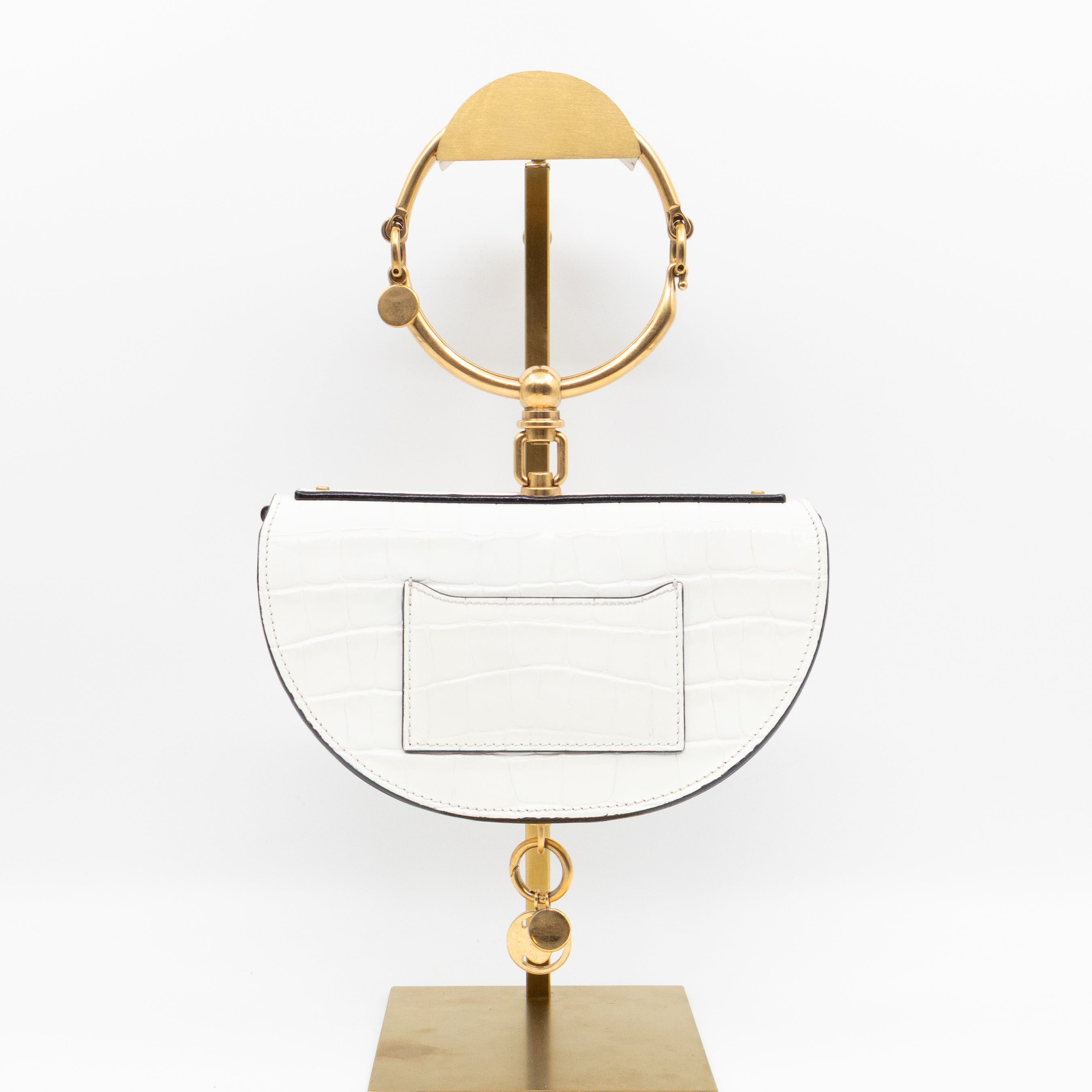 Nile Bracelet Minaudiere Crossbody Bag White Croc Embossed Leather