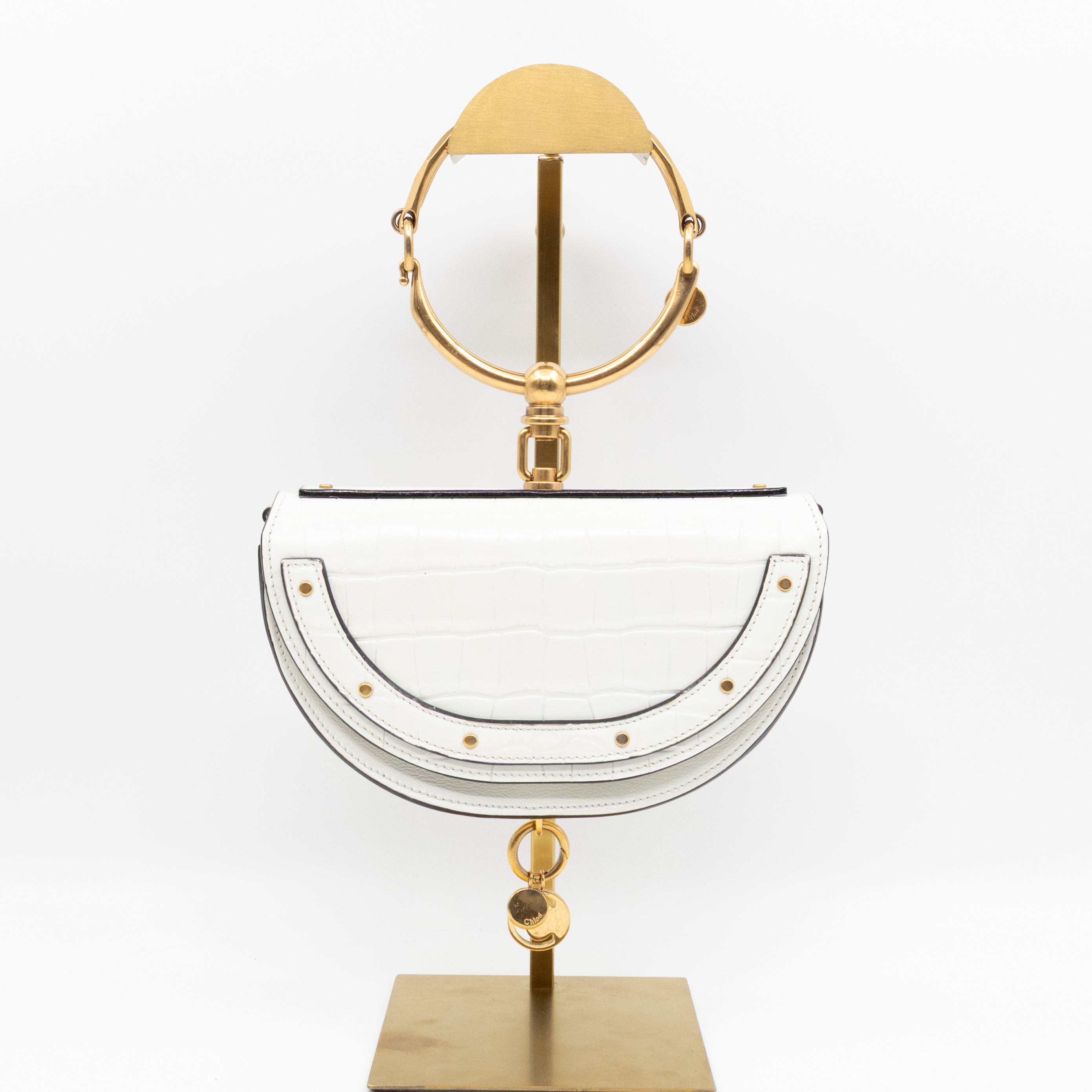 Nile Bracelet Minaudiere Crossbody Bag White Croc Embossed Leather