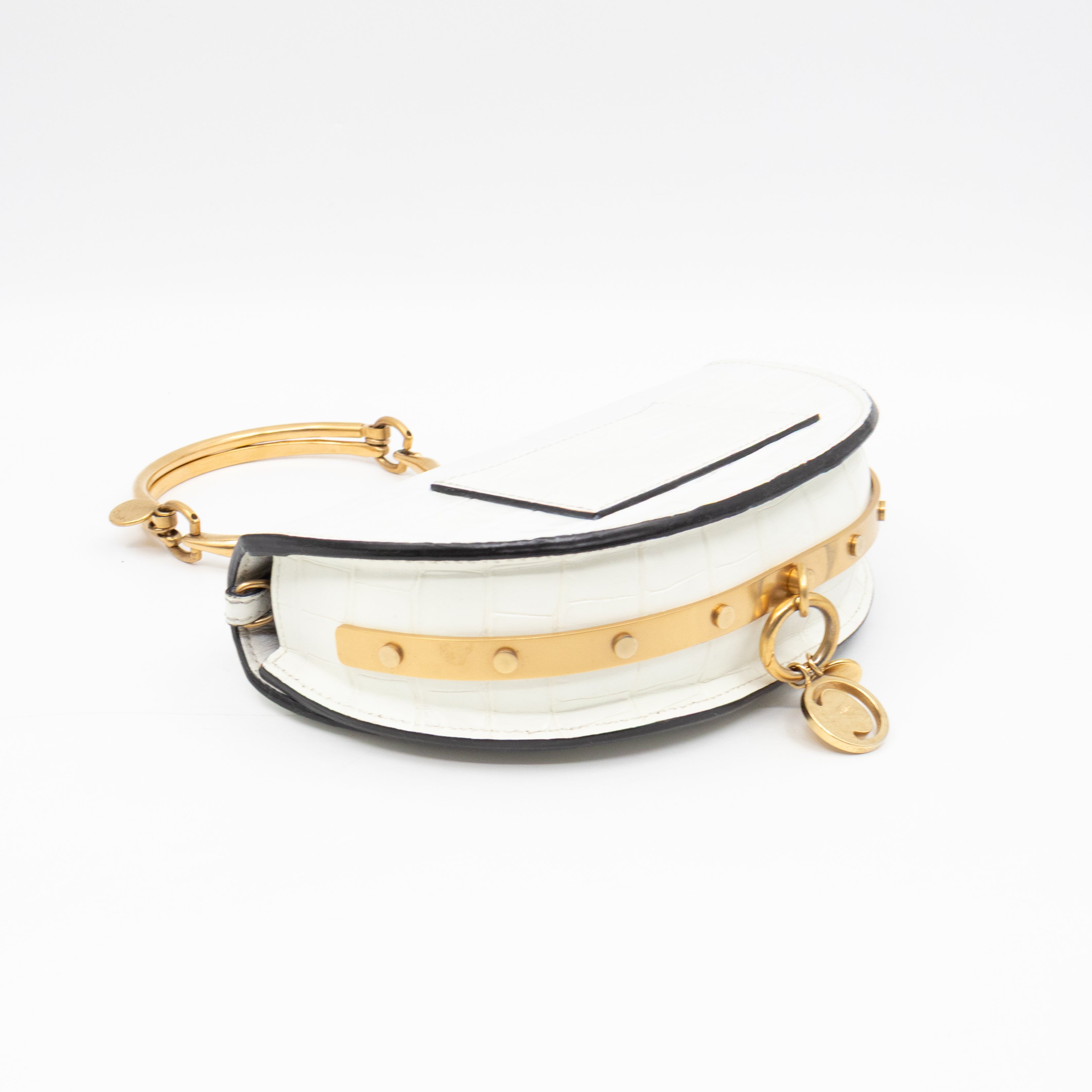 Nile Bracelet Minaudiere Crossbody Bag White Croc Embossed Leather