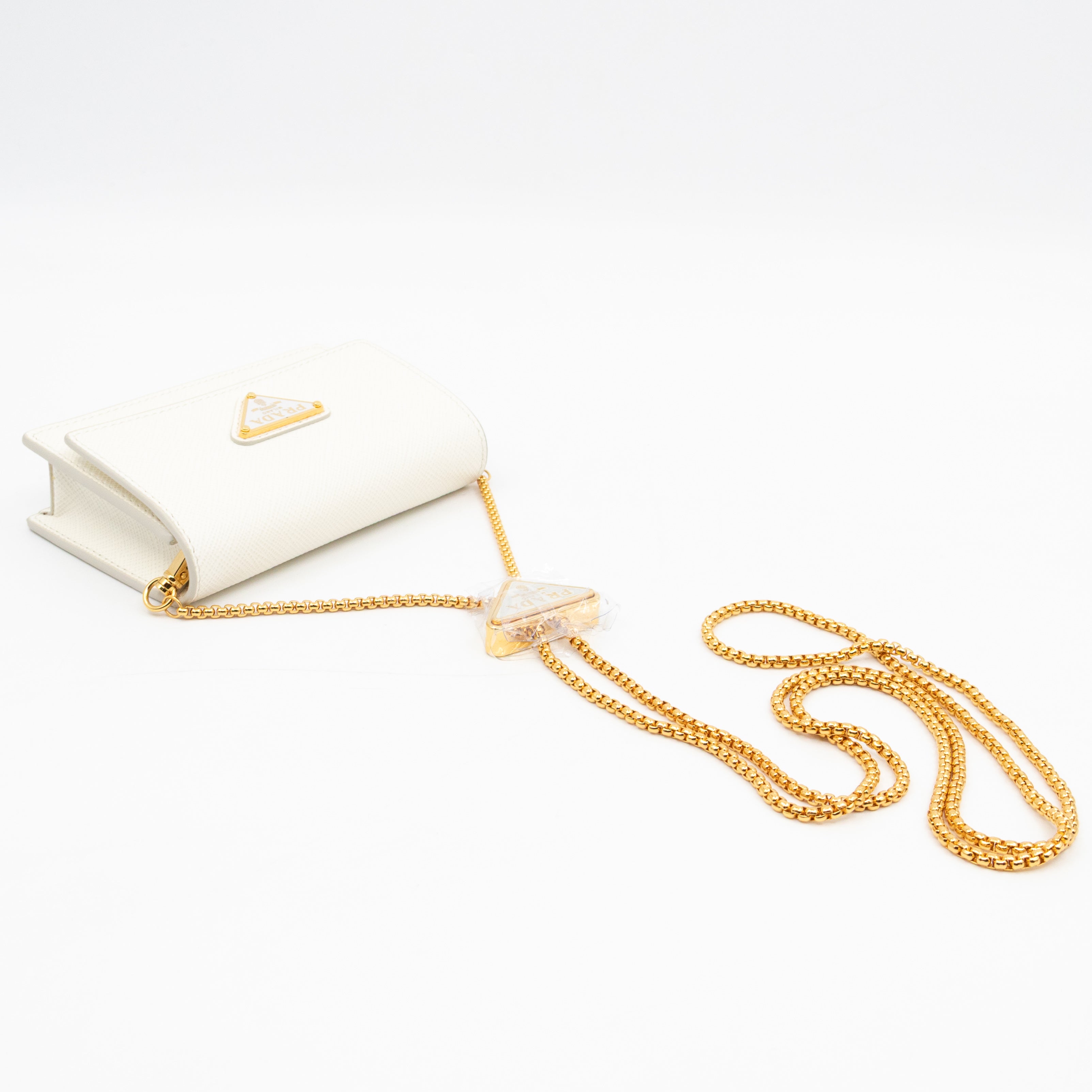 Card Holder With Chain White Saffiano Leather