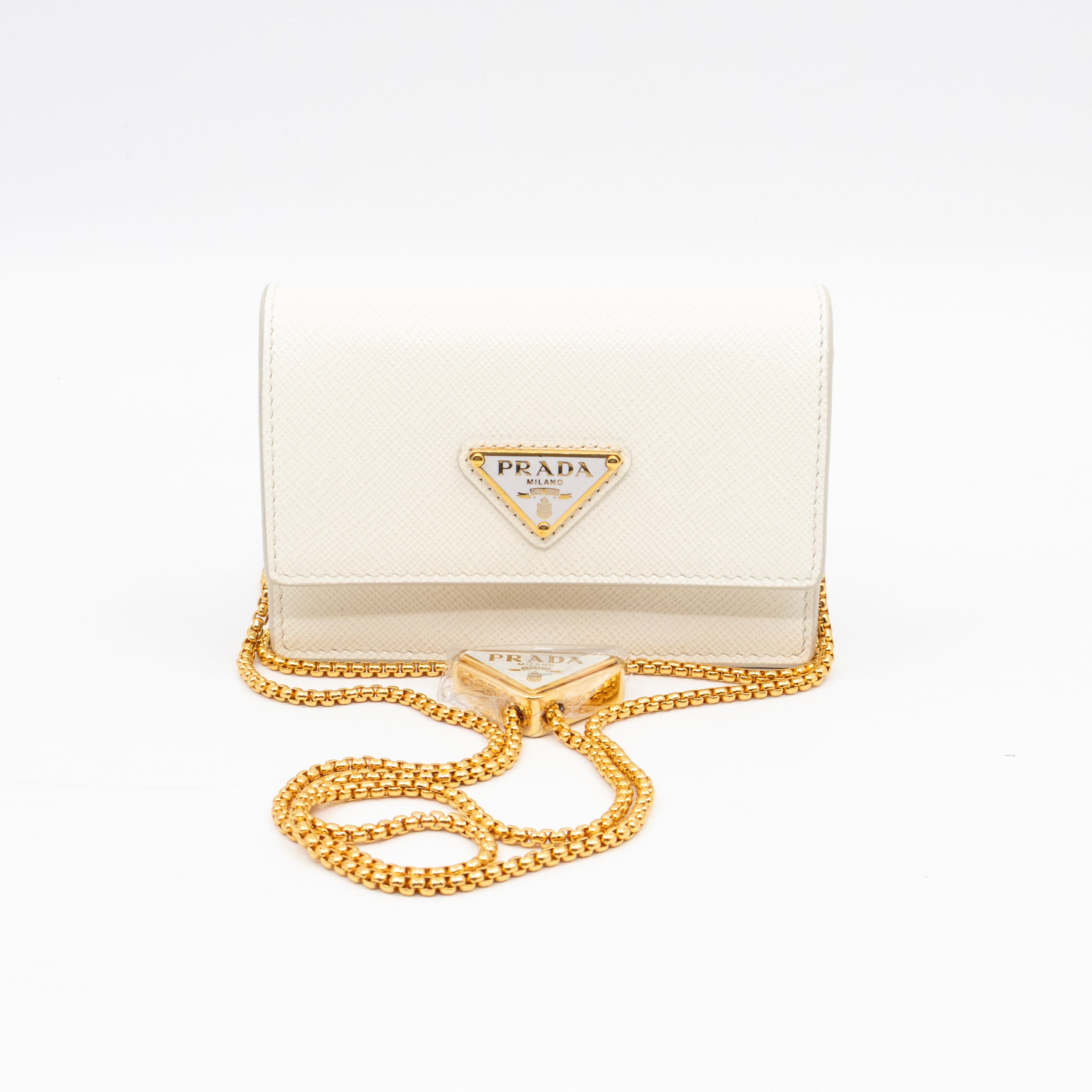 Card Holder With Chain White Saffiano Leather