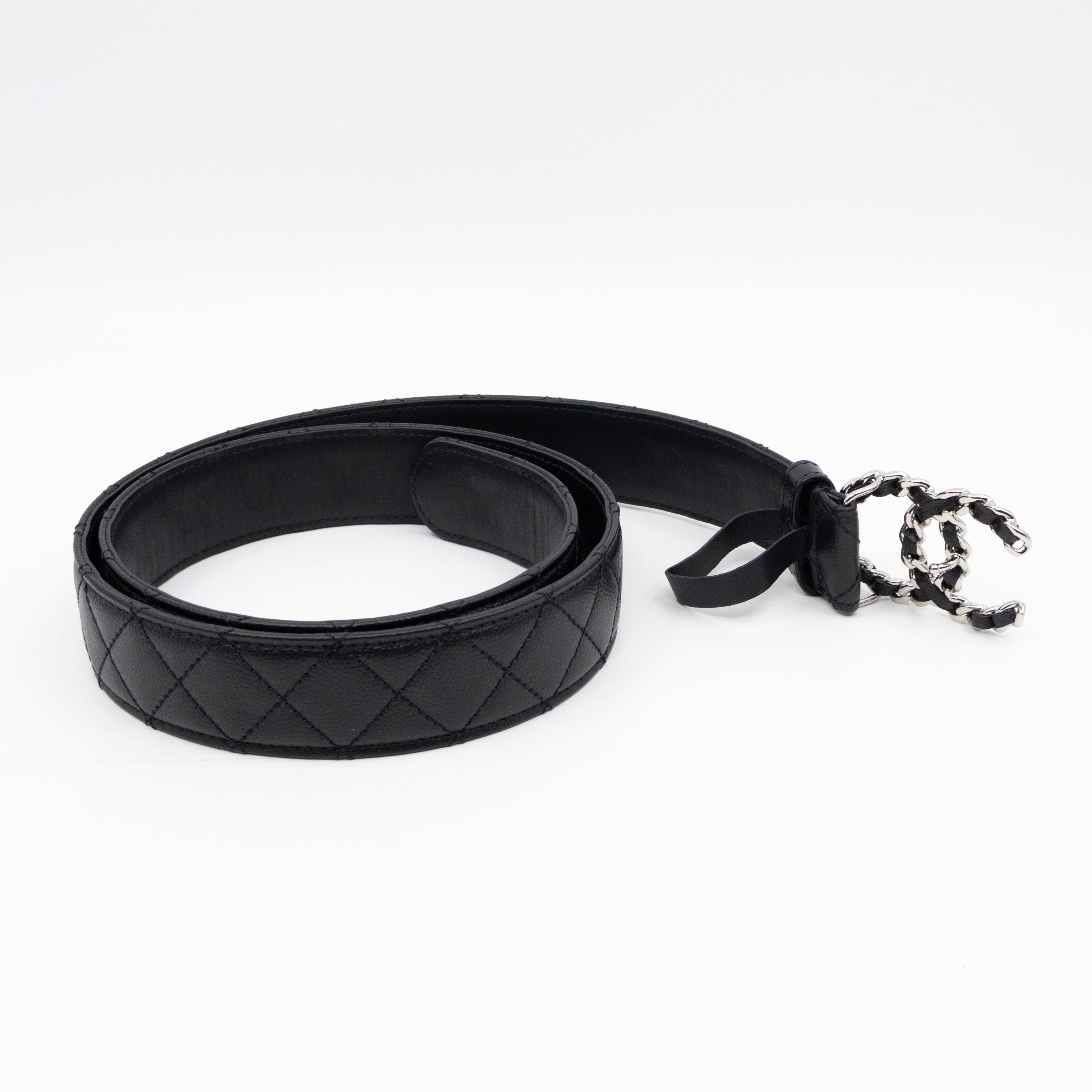 CC Leather Braided Buckle Black Quilted Caviar Belt 90 cm