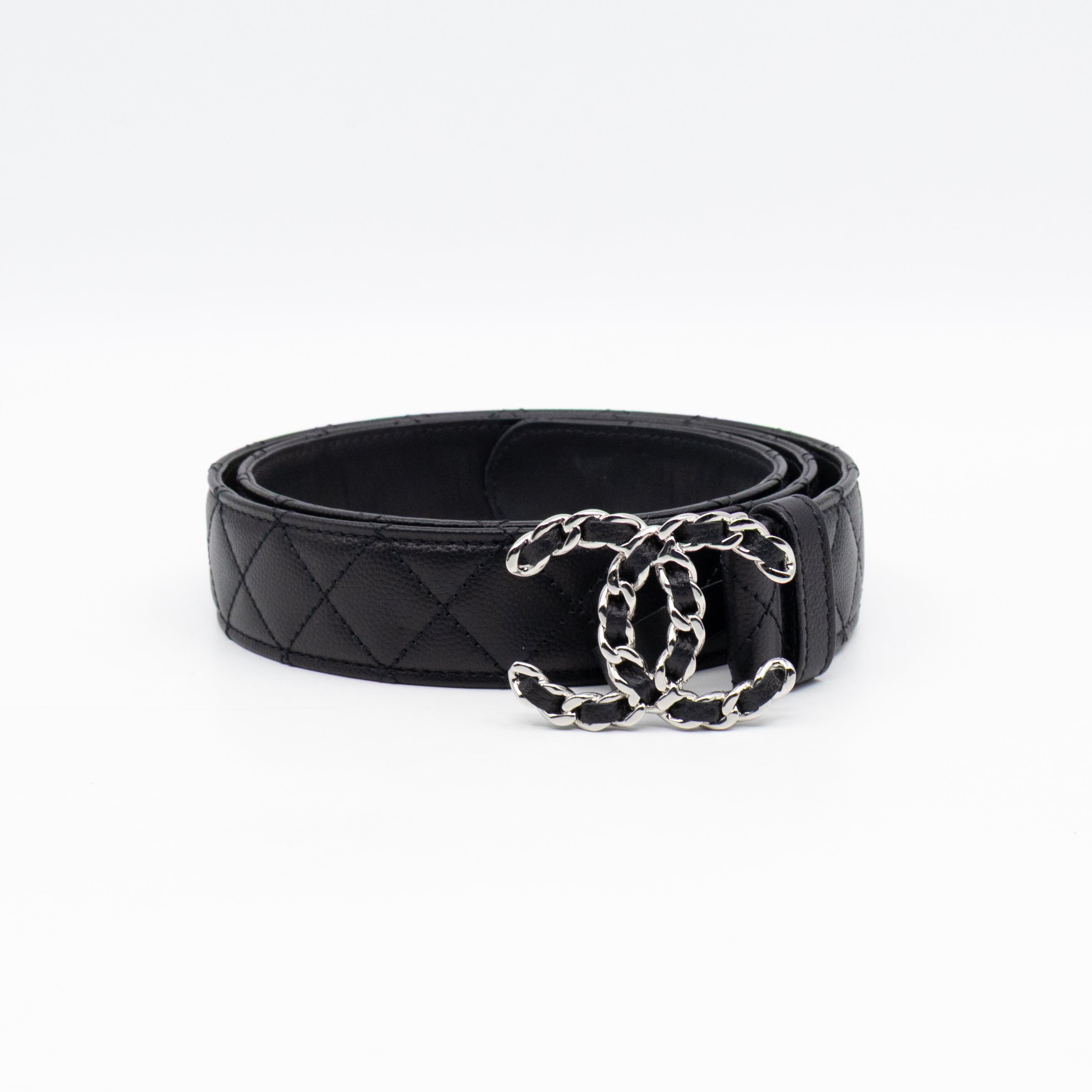 CC Leather Braided Buckle Black Quilted Caviar Belt 90 cm