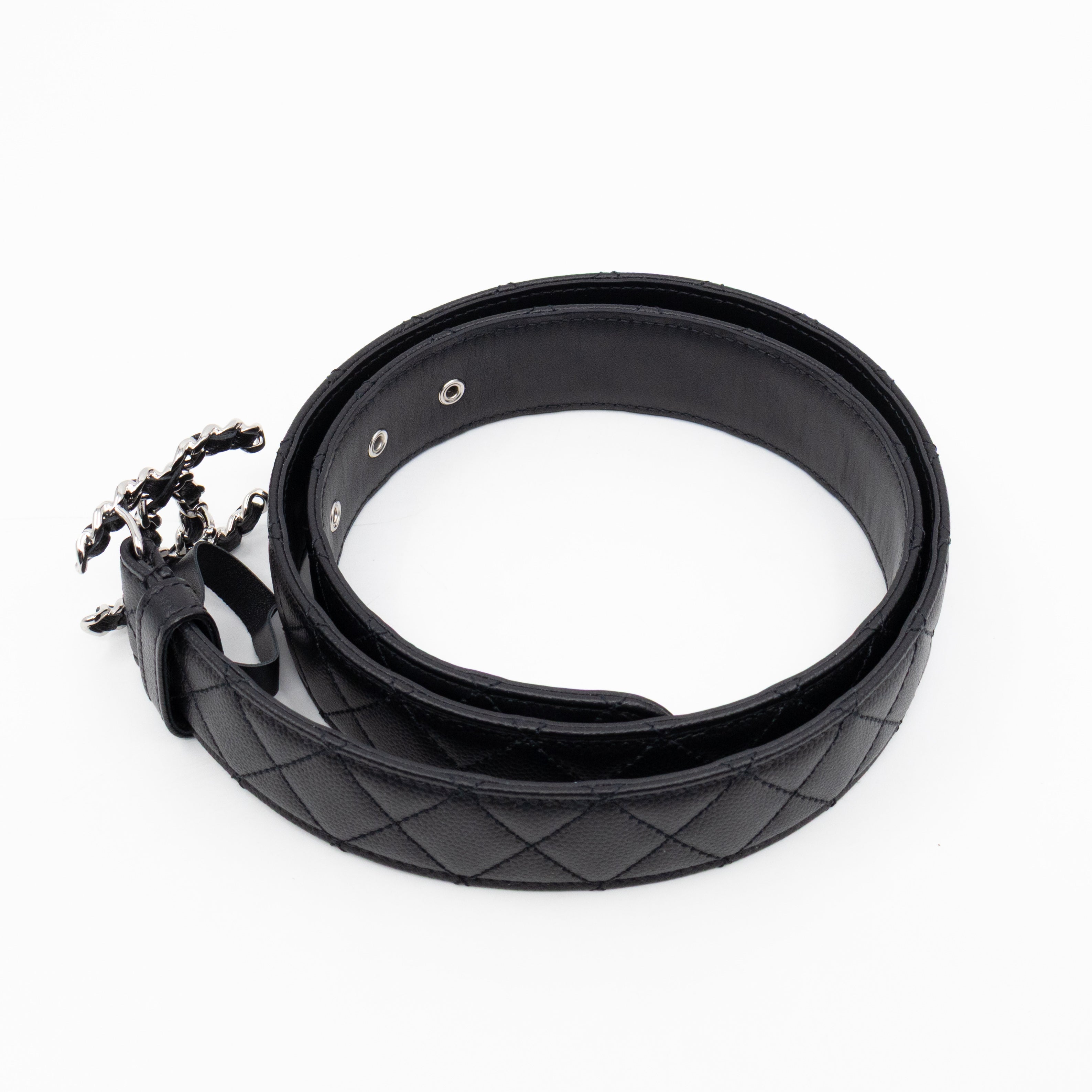 CC Leather Braided Buckle Black Quilted Caviar Belt 90 cm