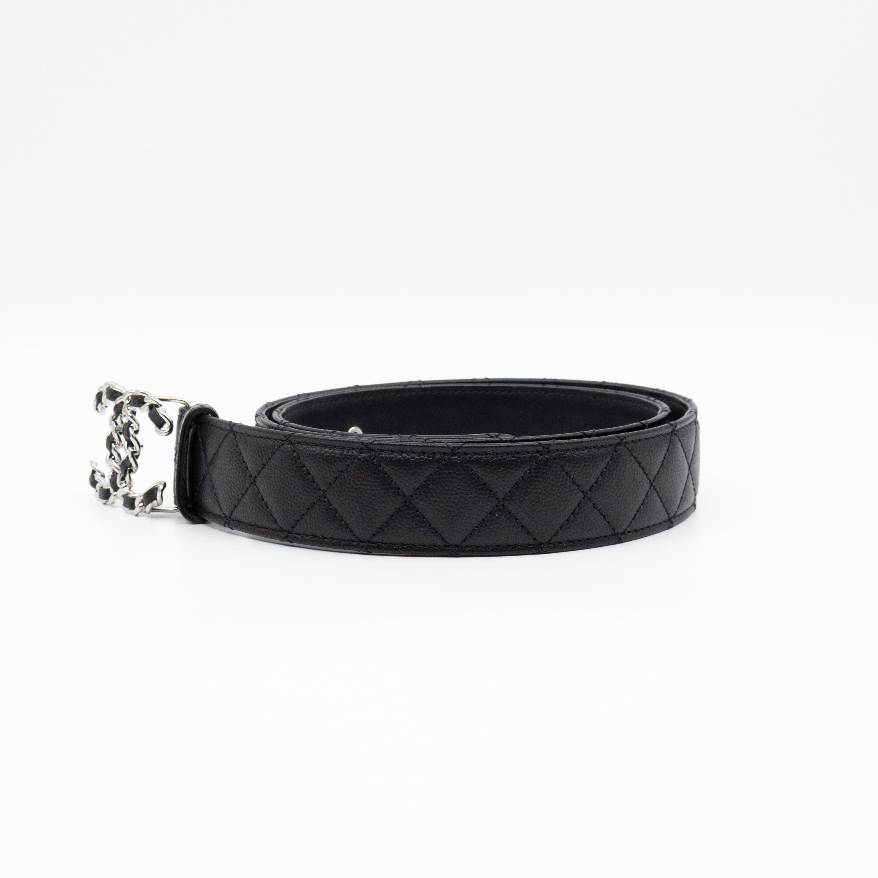 CC Leather Braided Buckle Black Quilted Caviar Belt 90 cm