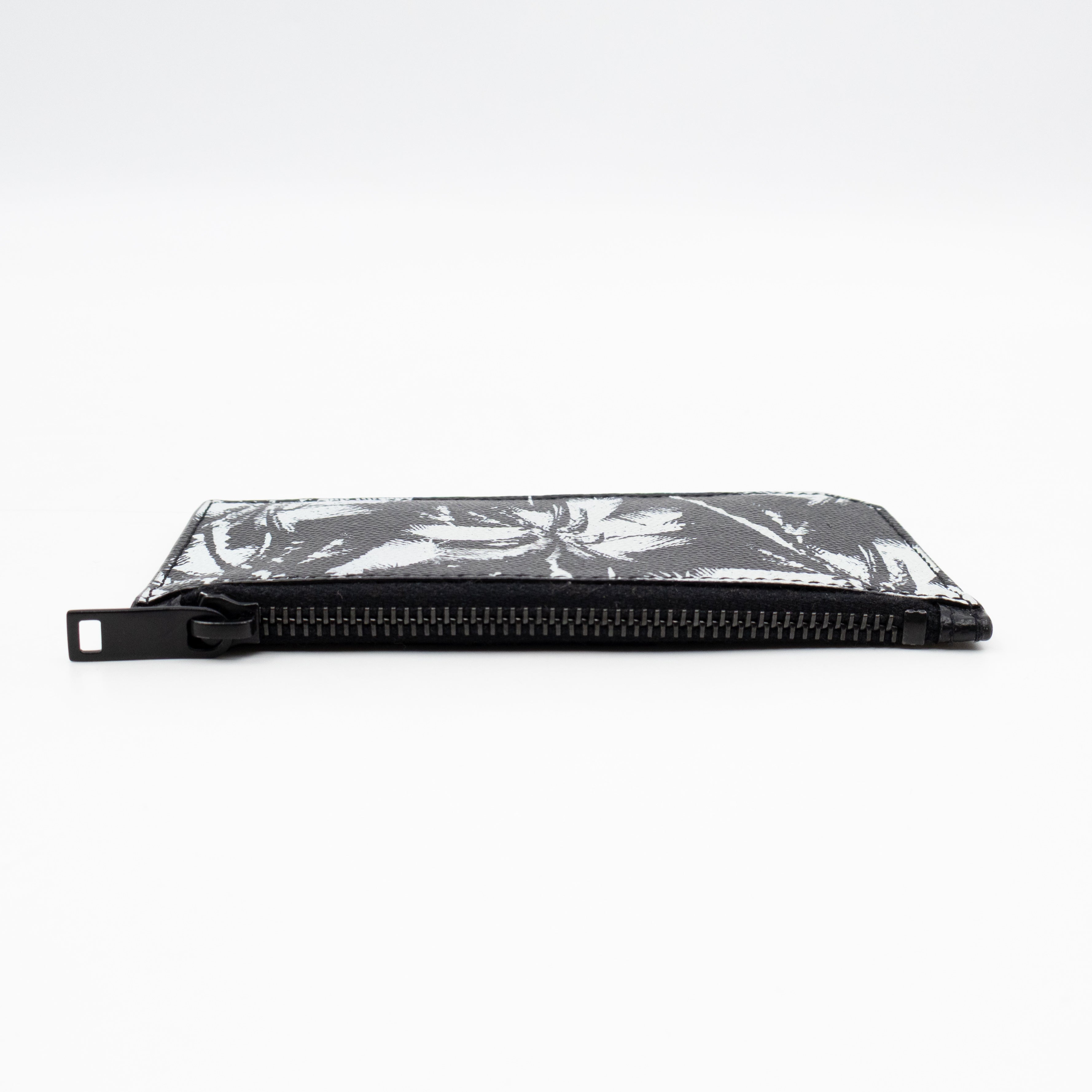 Zipped Card Holder White Palm Trees Black Leather