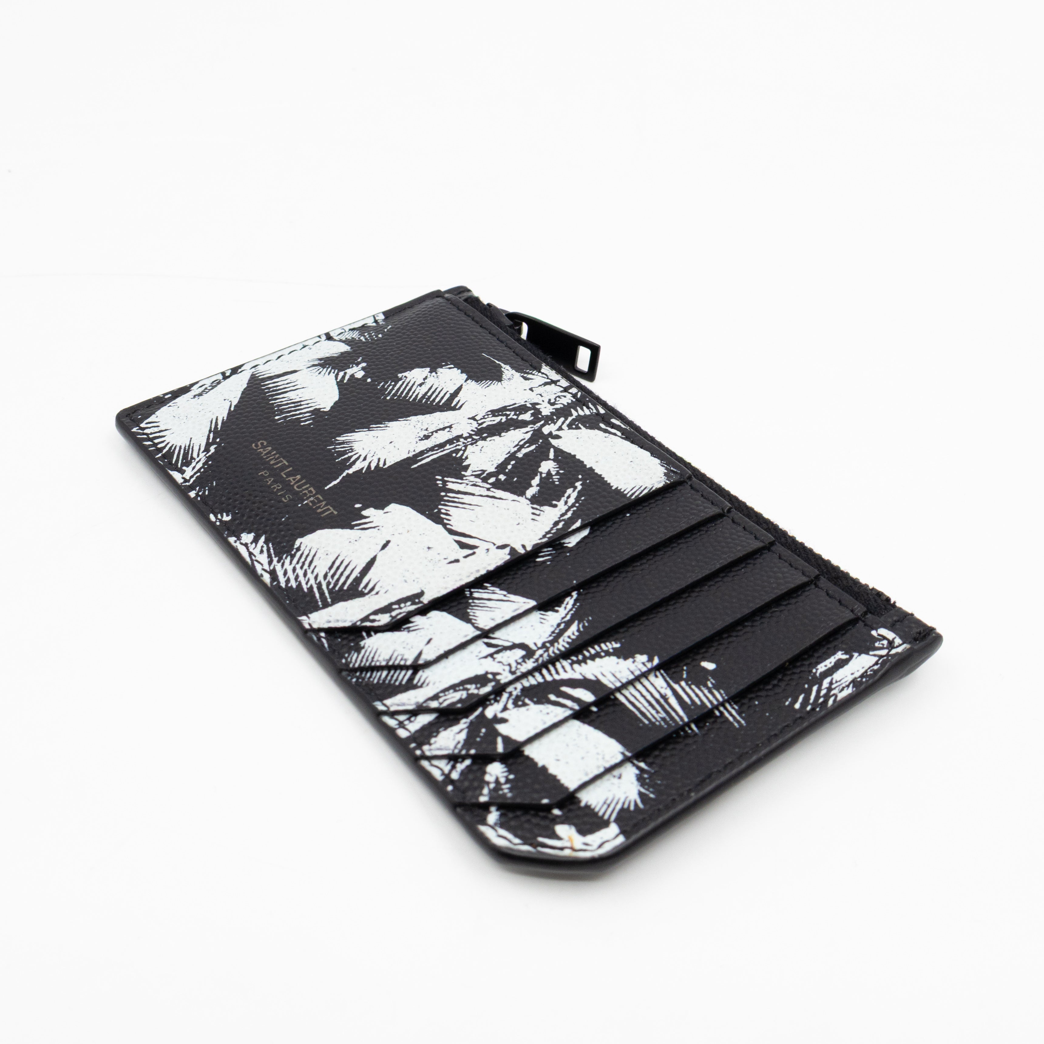 Zipped Card Holder White Palm Trees Black Leather
