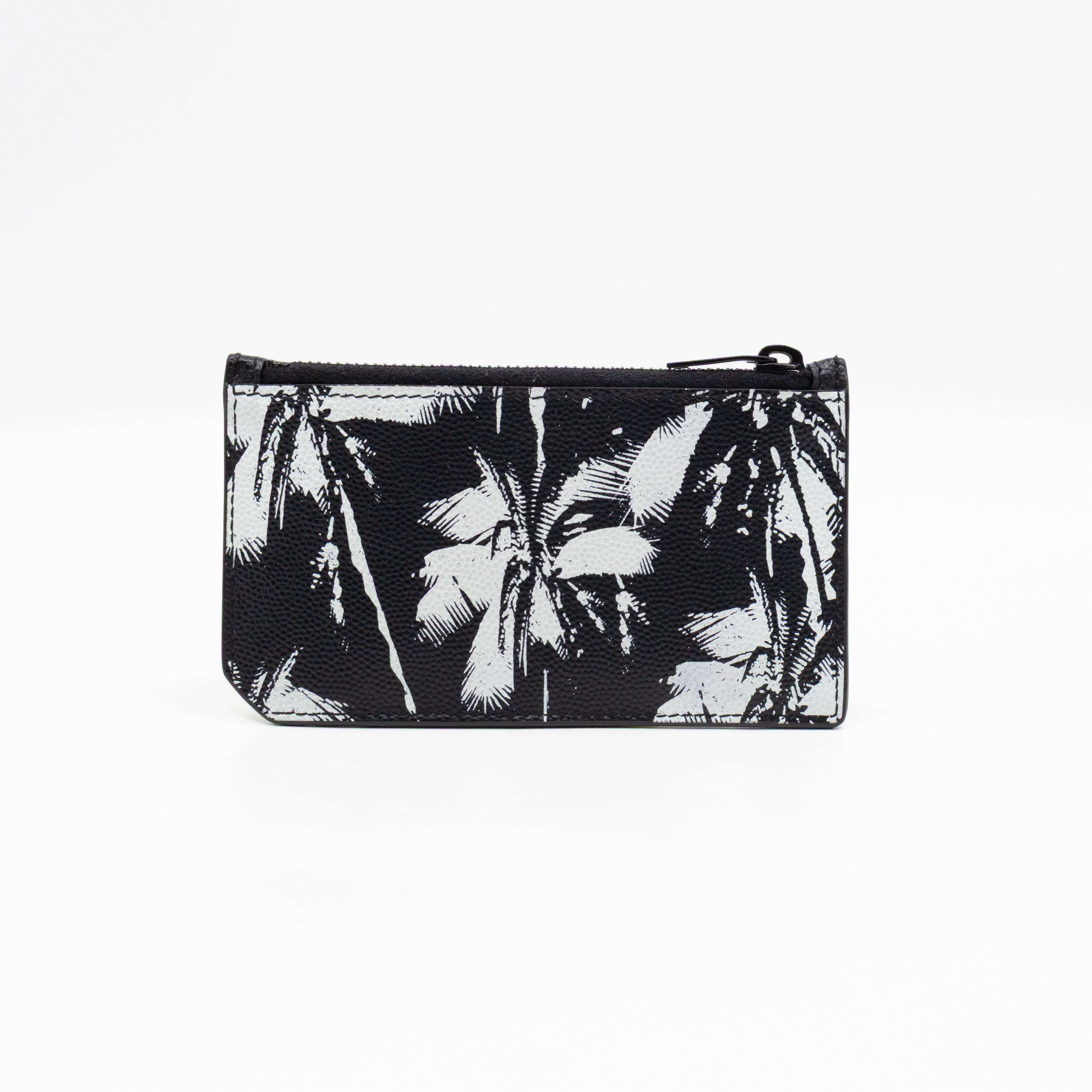 Zipped Card Holder White Palm Trees Black Leather