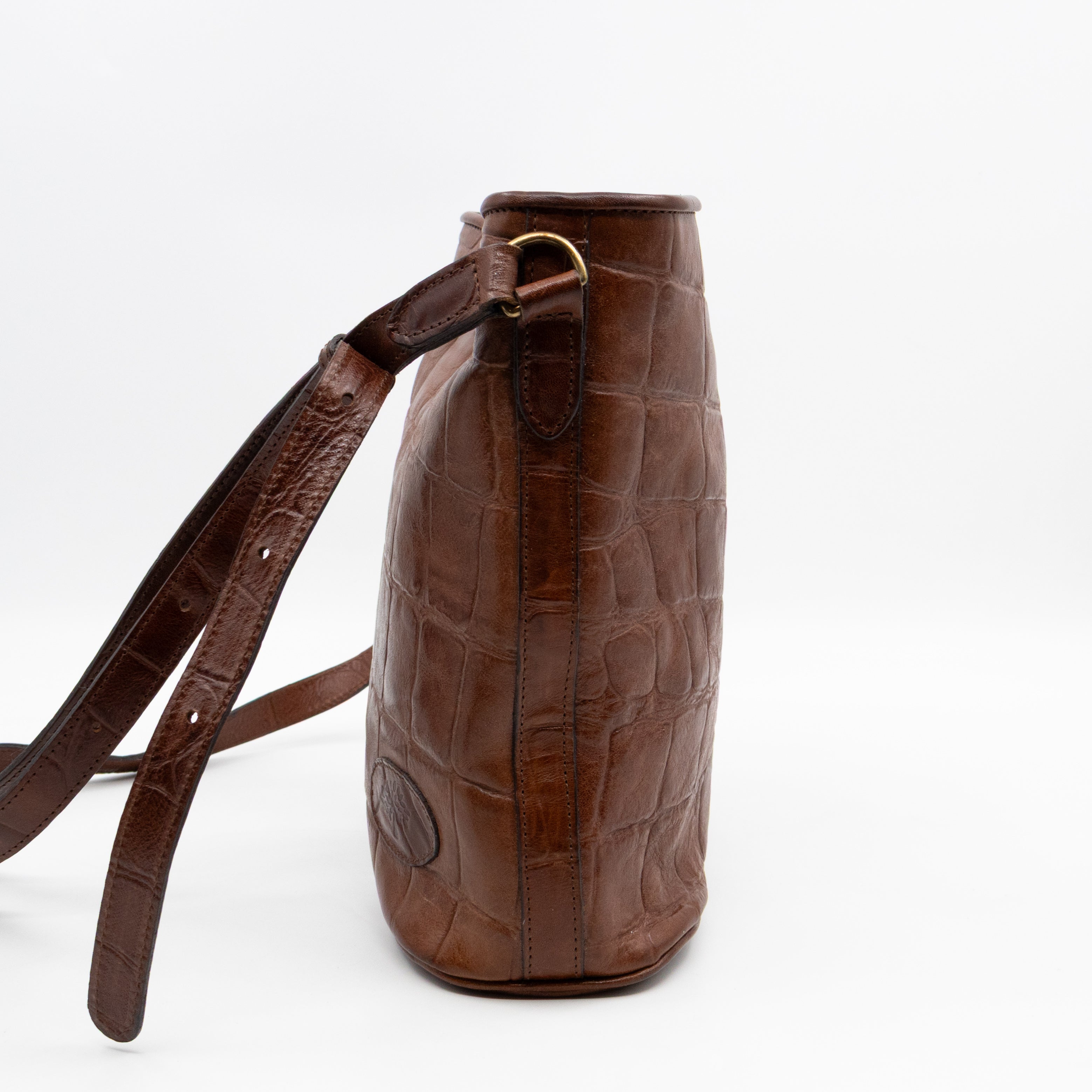 Vintage Bucket Bag Brown Croc Embossed Leather