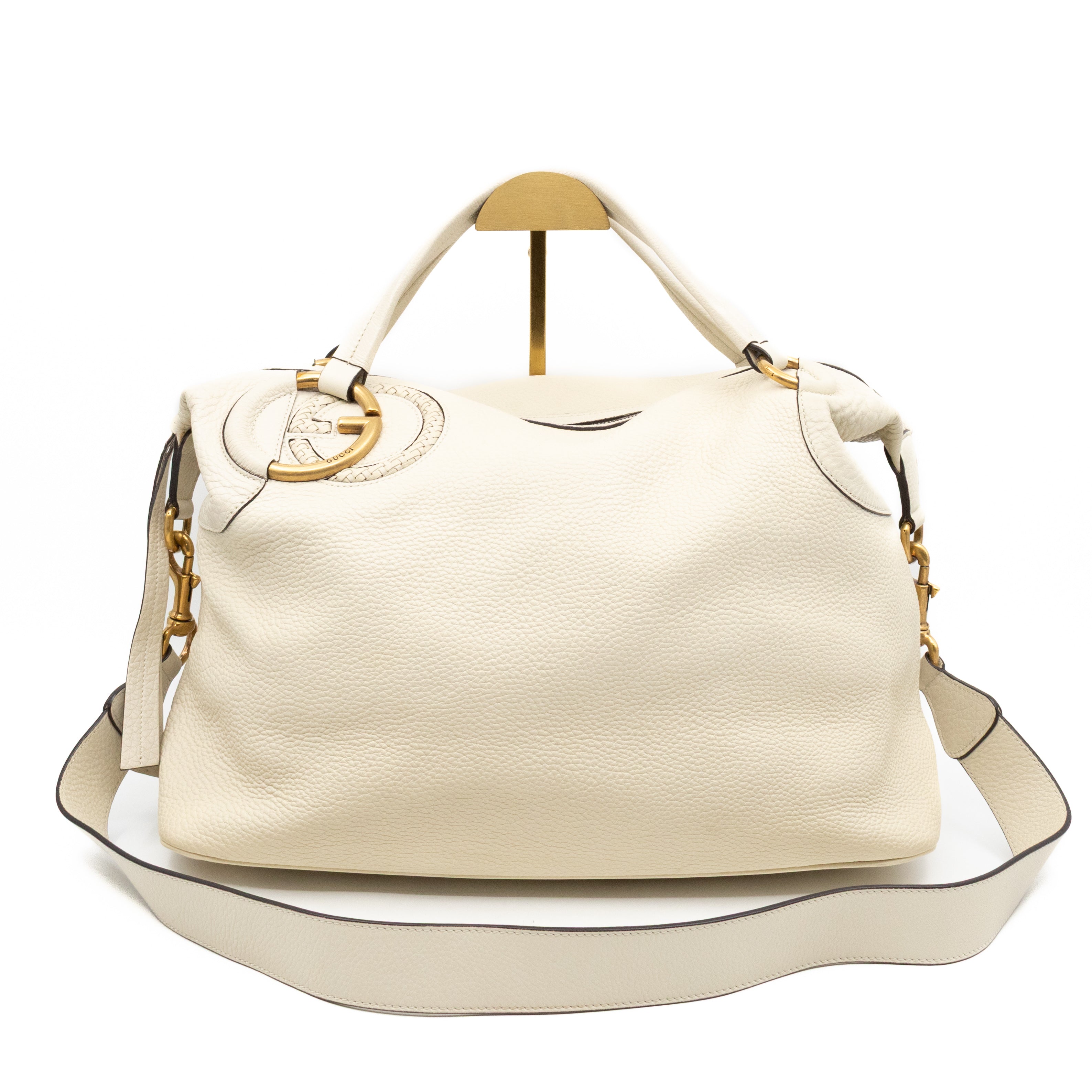 Twill Top Handle Bag White Pebbled Leather