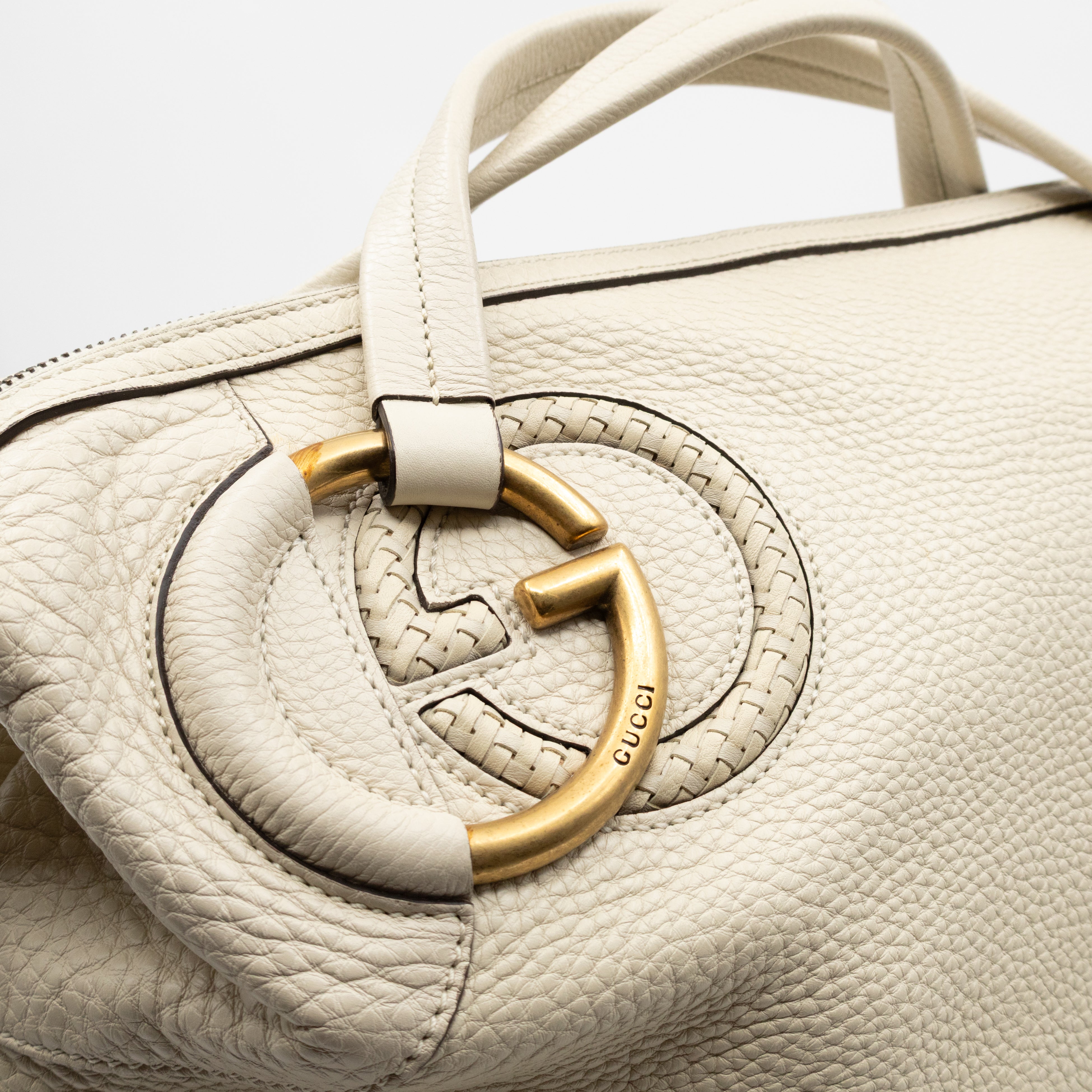 Twill Top Handle Bag White Pebbled Leather
