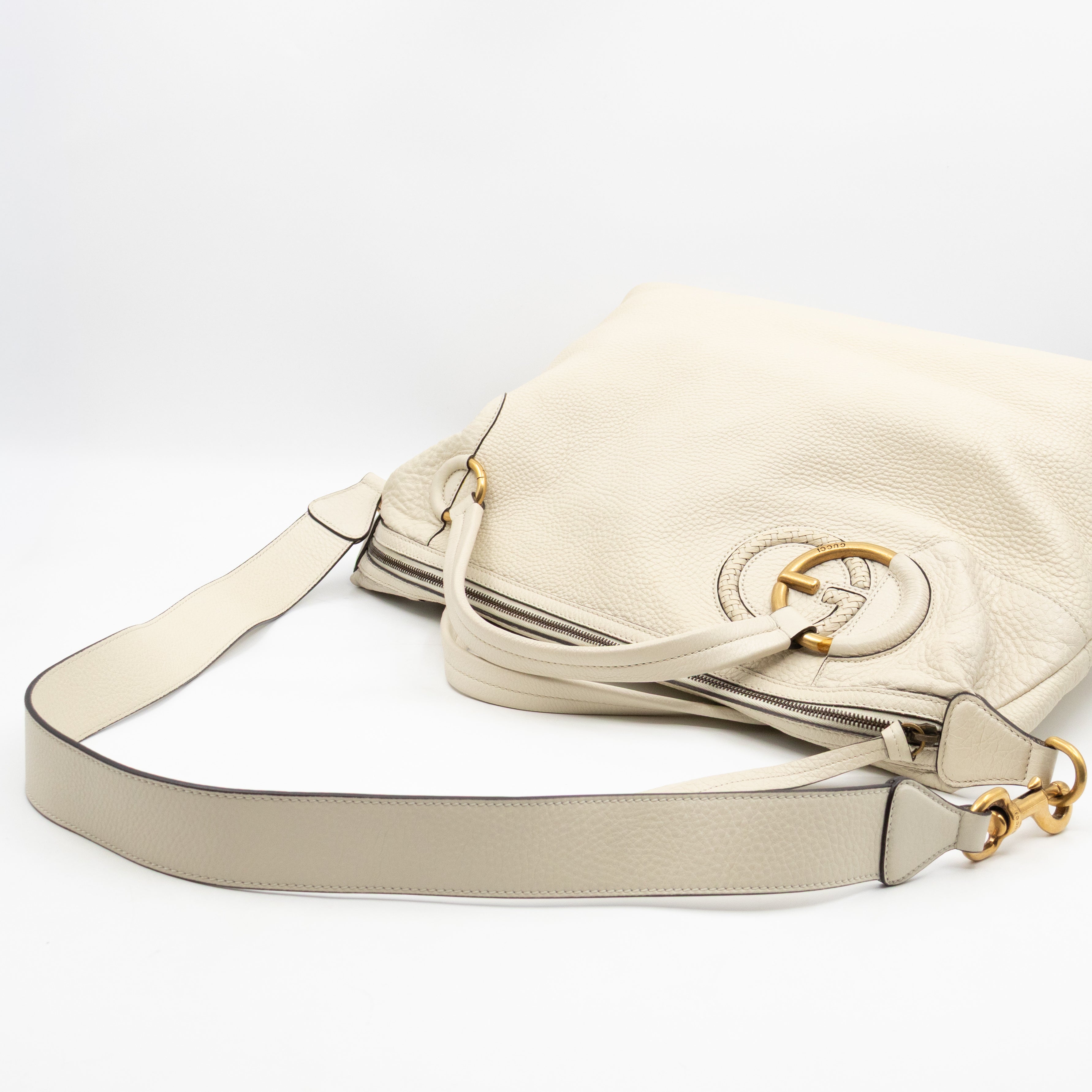 Twill Top Handle Bag White Pebbled Leather
