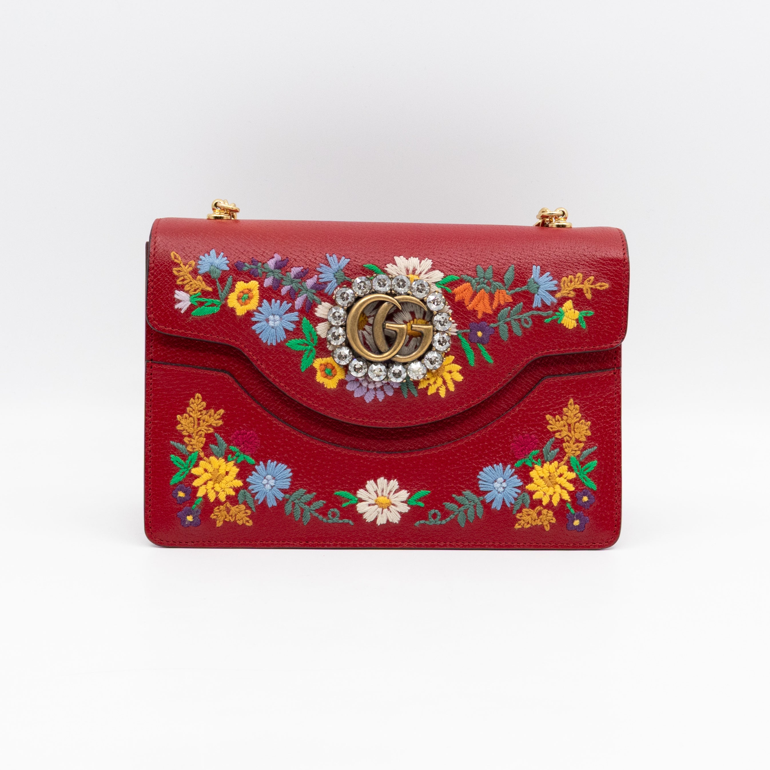 Floral Embroidered Ricami Small Shoulder Bag Red Leather
