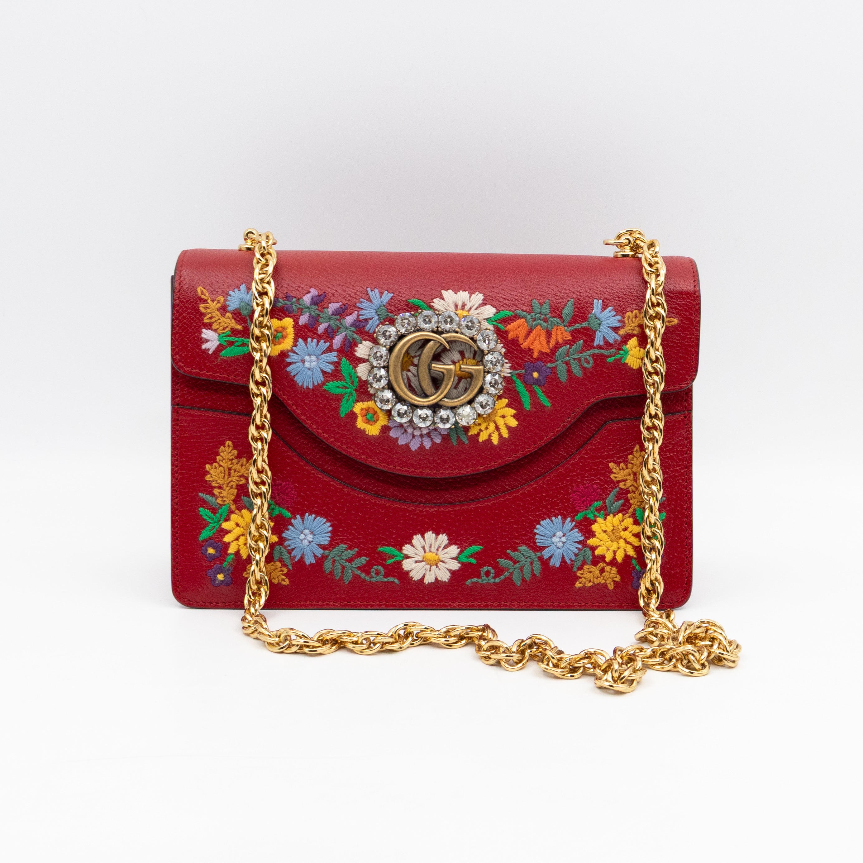 Floral Embroidered Ricami Small Shoulder Bag Red Leather
