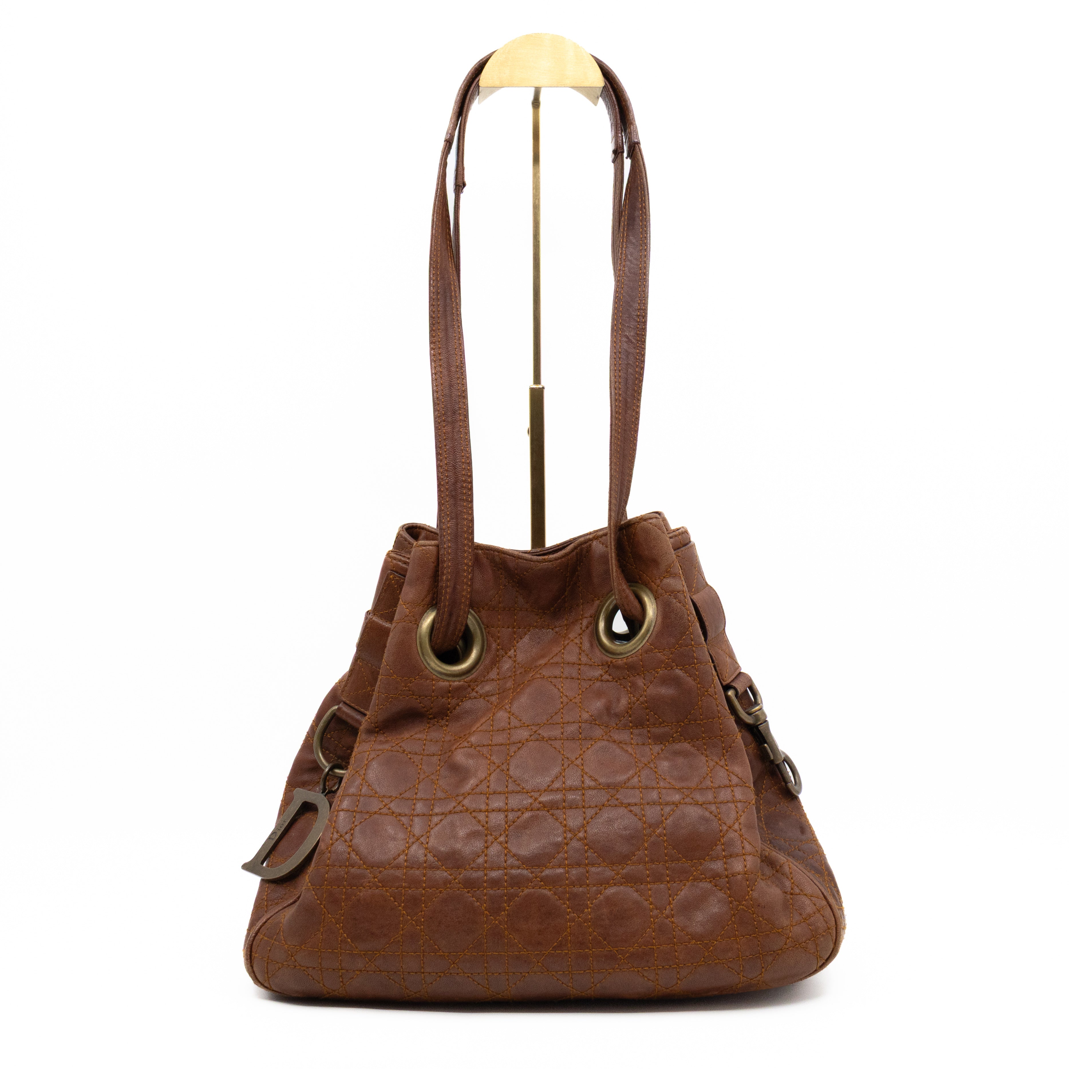 Cannage Quilted Shoulder Bag Brown Leather