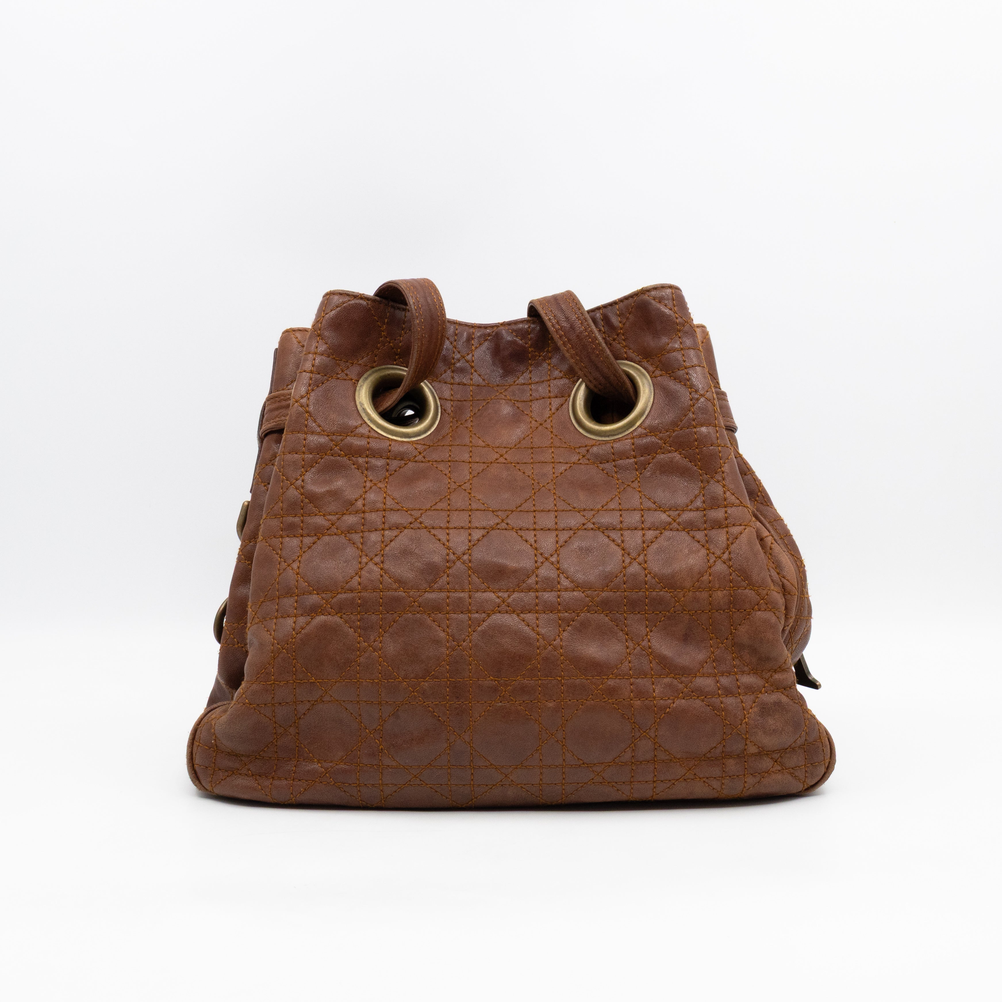 Cannage Quilted Shoulder Bag Brown Leather