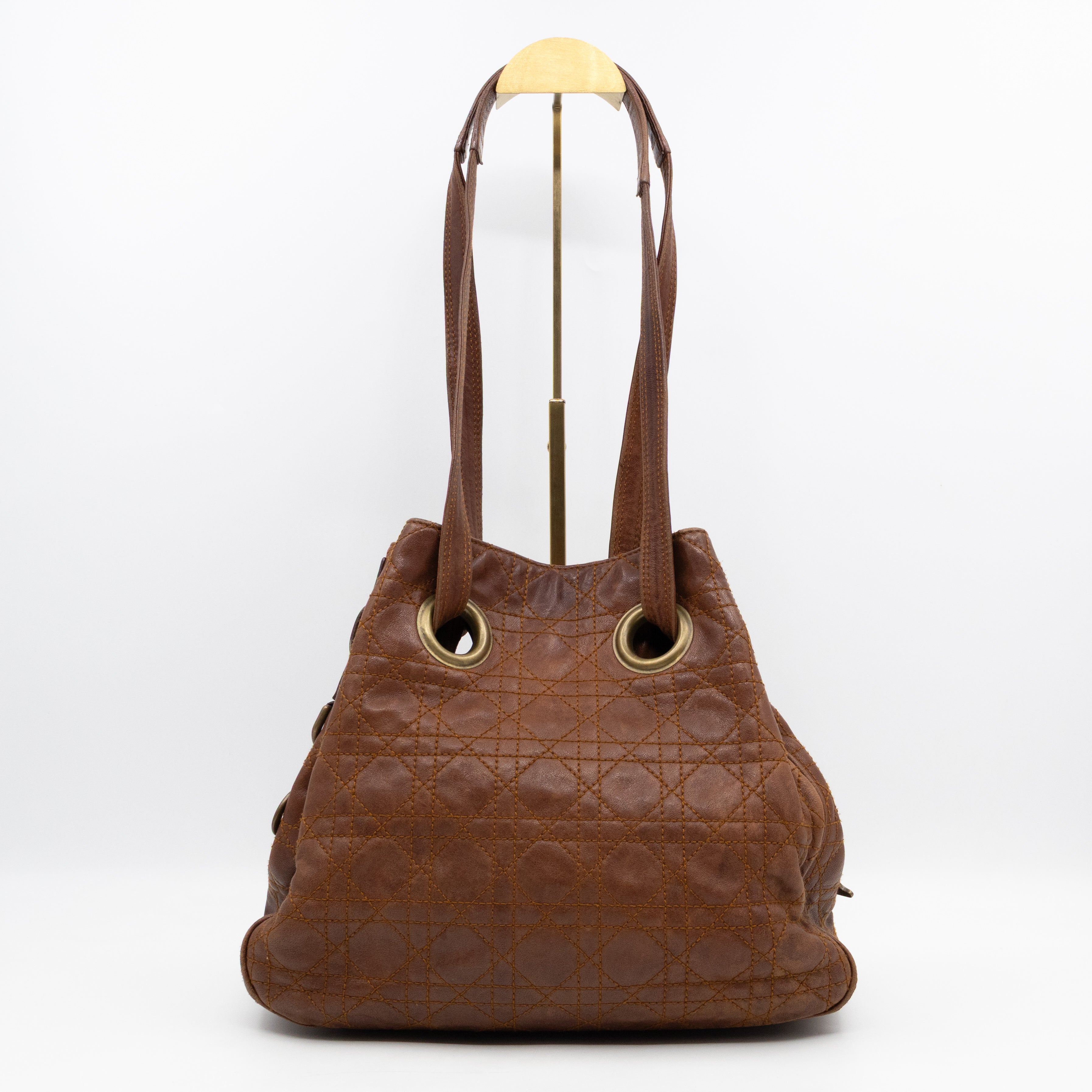 Cannage Quilted Shoulder Bag Brown Leather