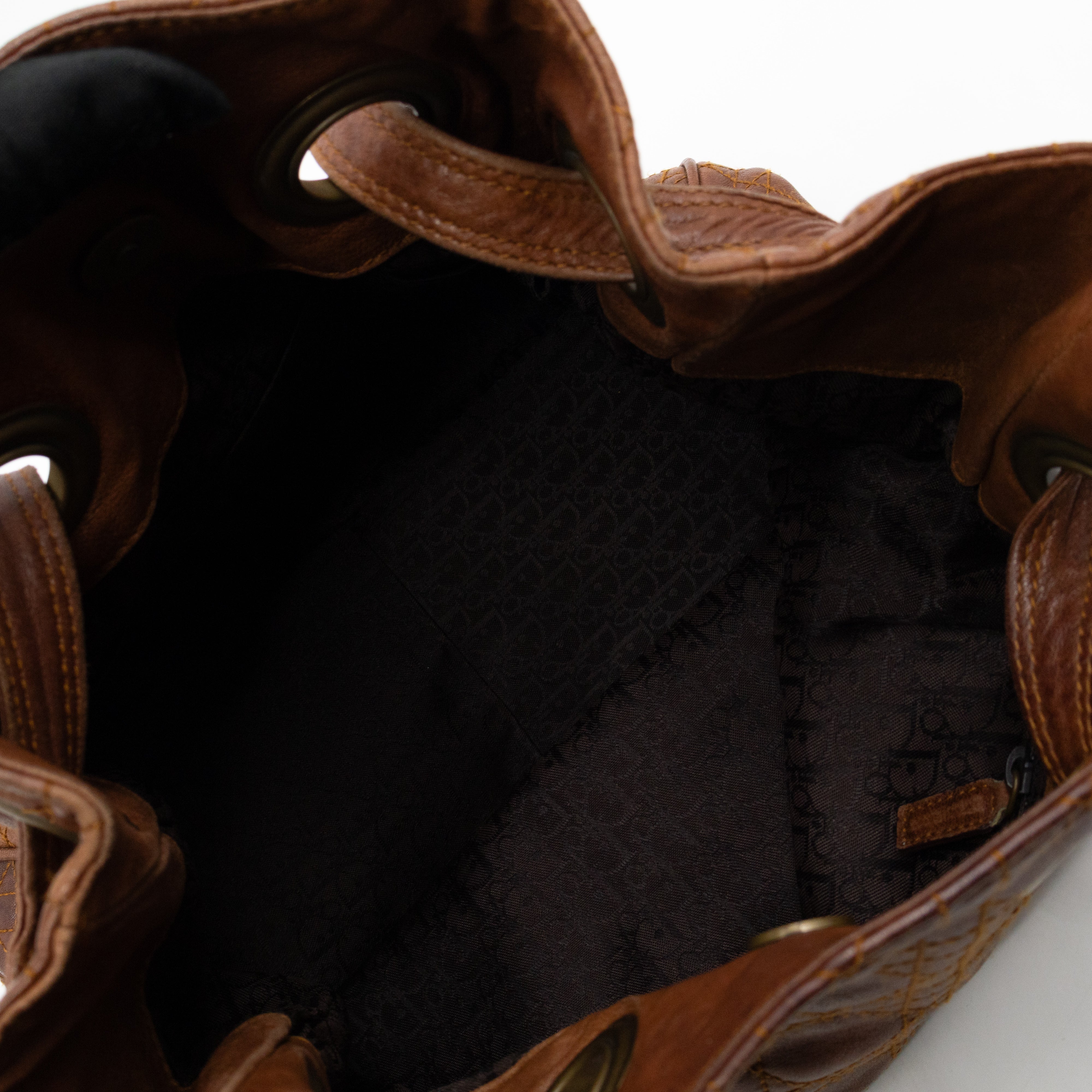 Cannage Quilted Shoulder Bag Brown Leather