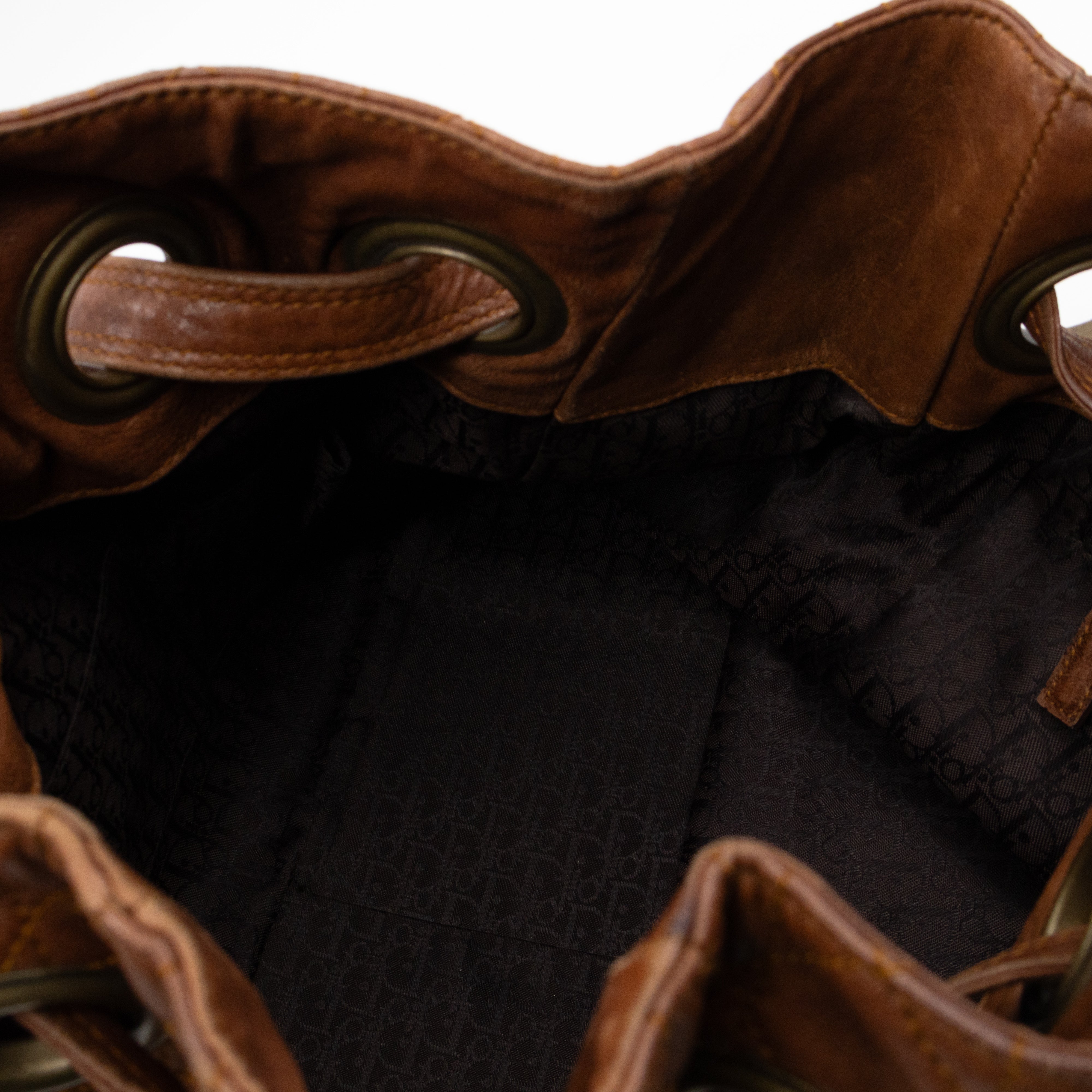 Cannage Quilted Shoulder Bag Brown Leather