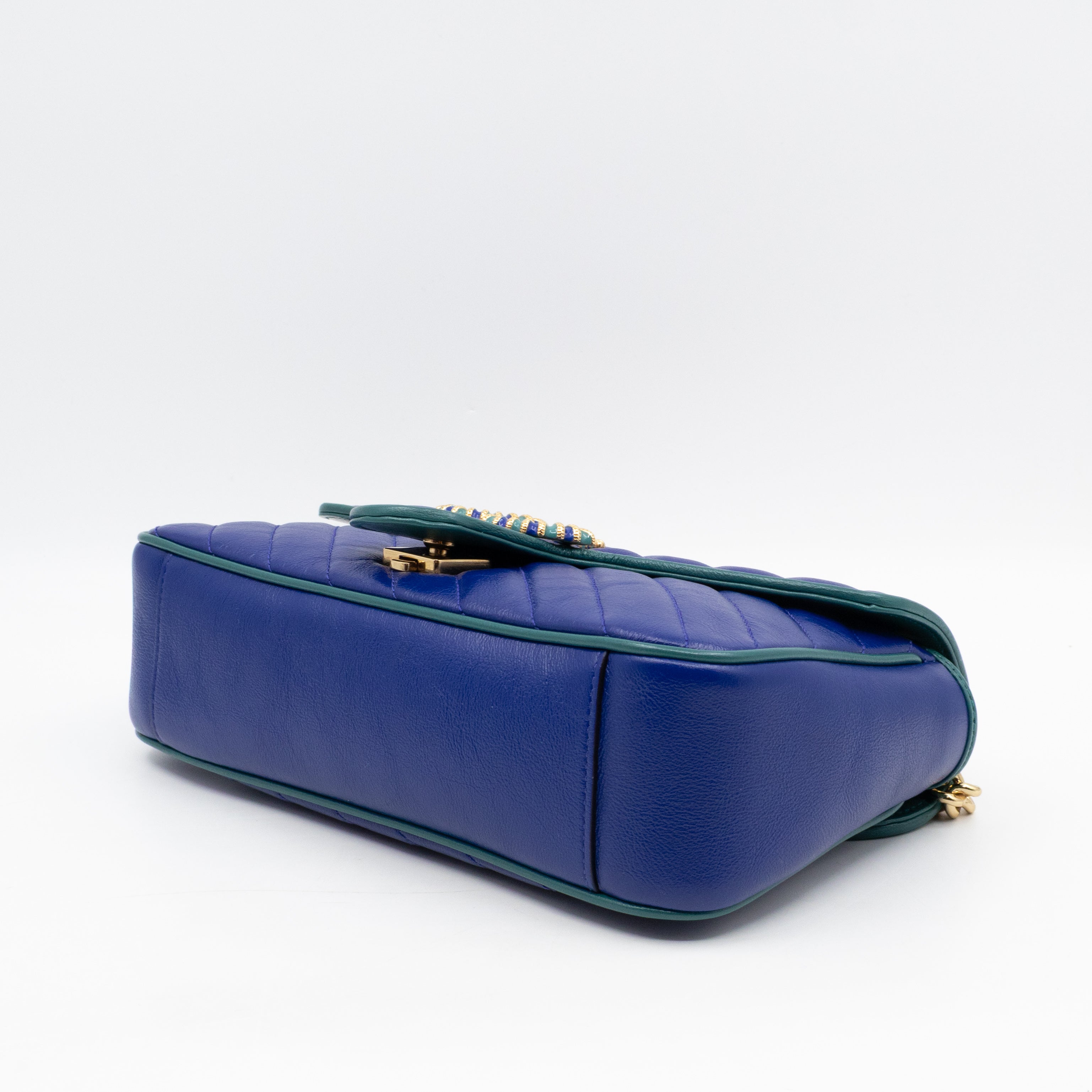 Torchon GG Marmont Medium Flap Bag Blue Diagonal Chevron Leather