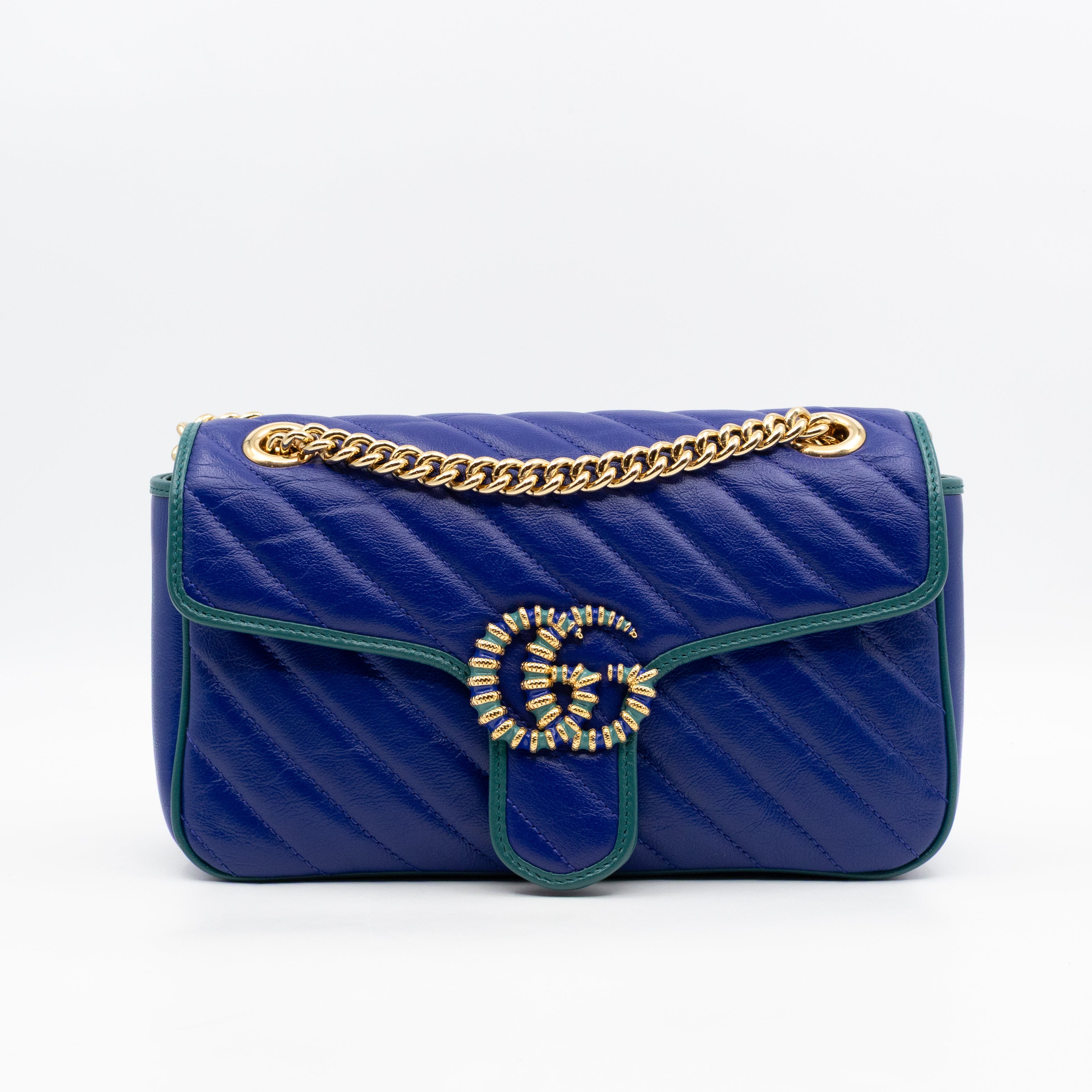 Torchon GG Marmont Medium Flap Bag Blue Diagonal Chevron Leather