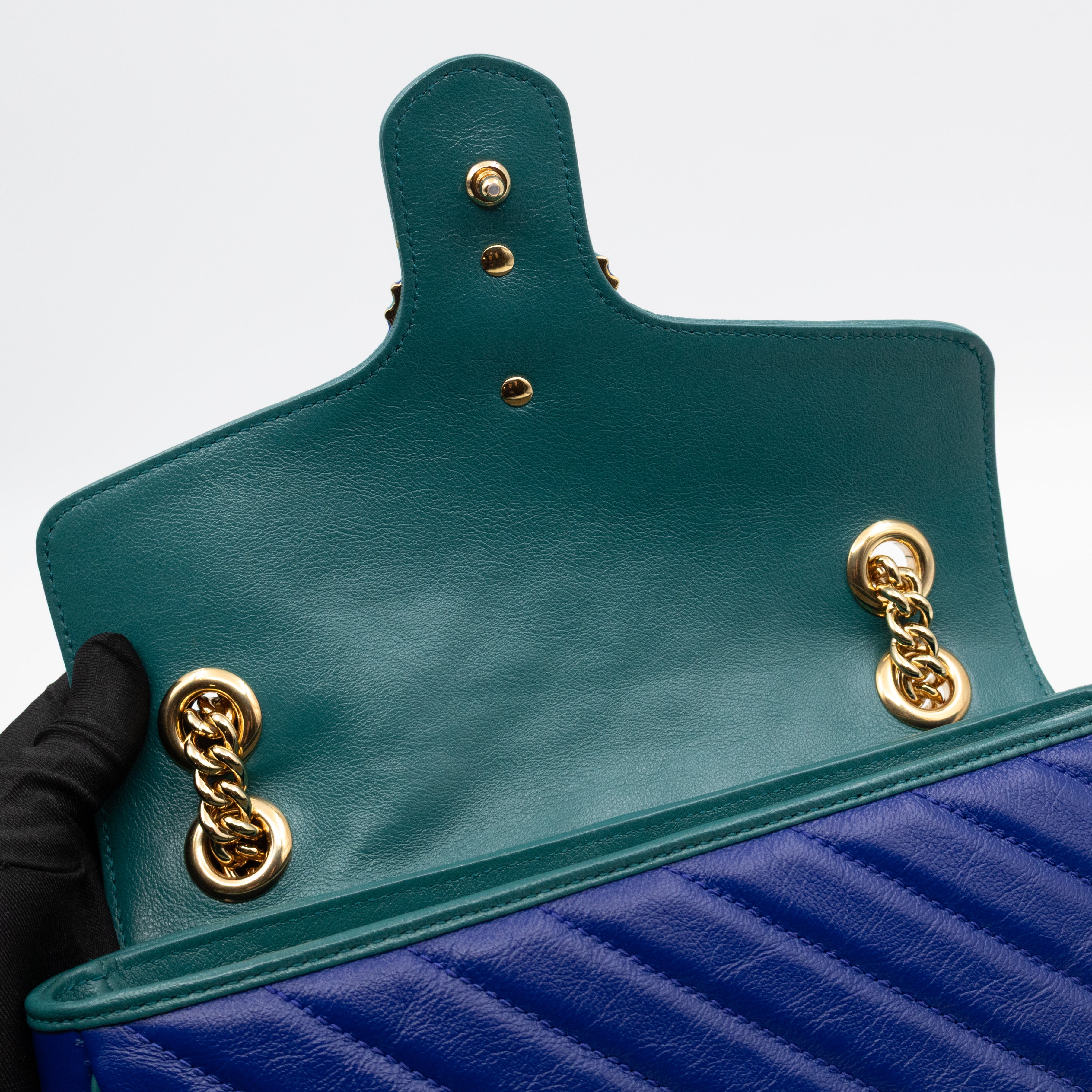 Torchon GG Marmont Medium Flap Bag Blue Diagonal Chevron Leather