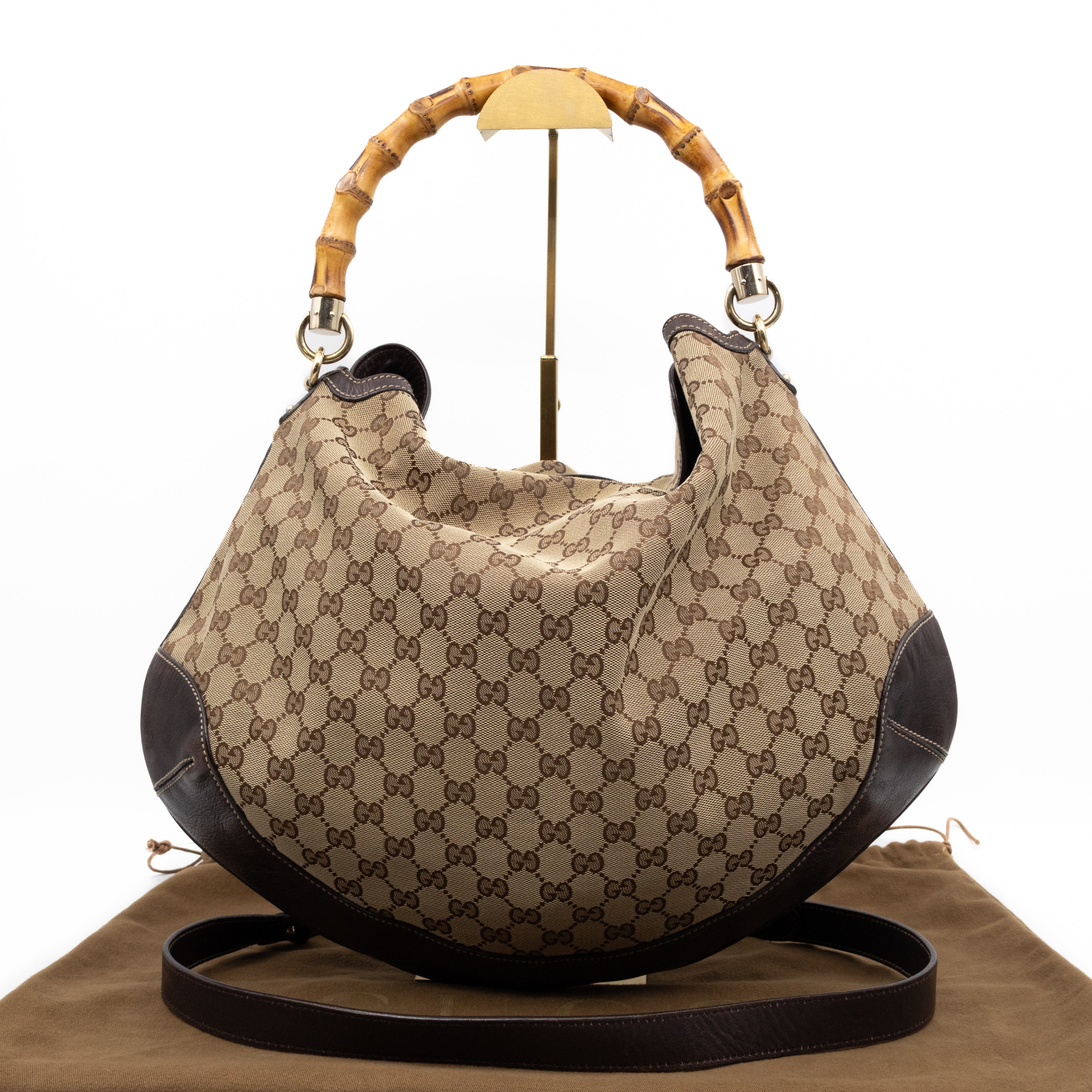 Bamboo Top Handle Hobo Bag GG Canvas Brown Leather