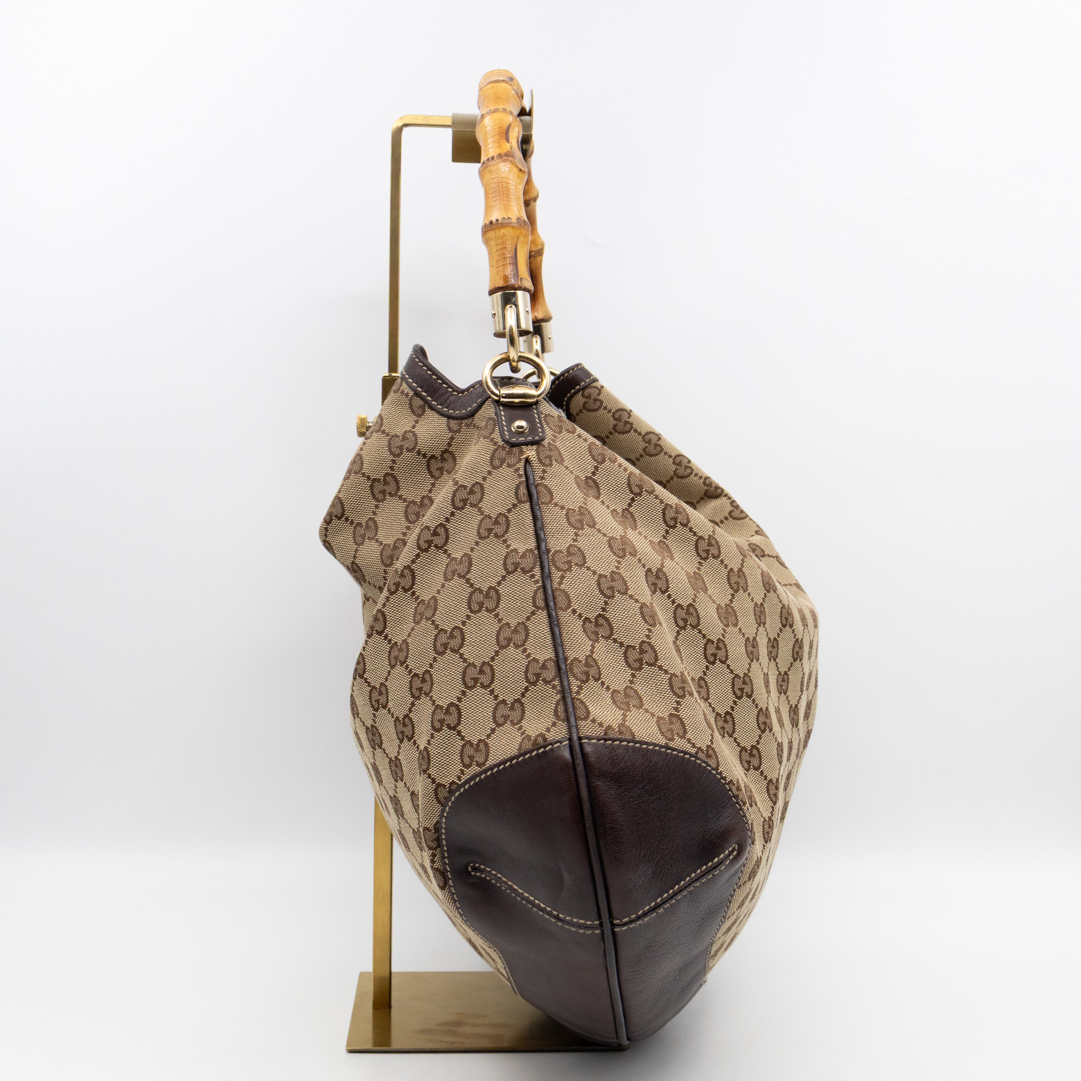 Bamboo Top Handle Hobo Bag GG Canvas Brown Leather