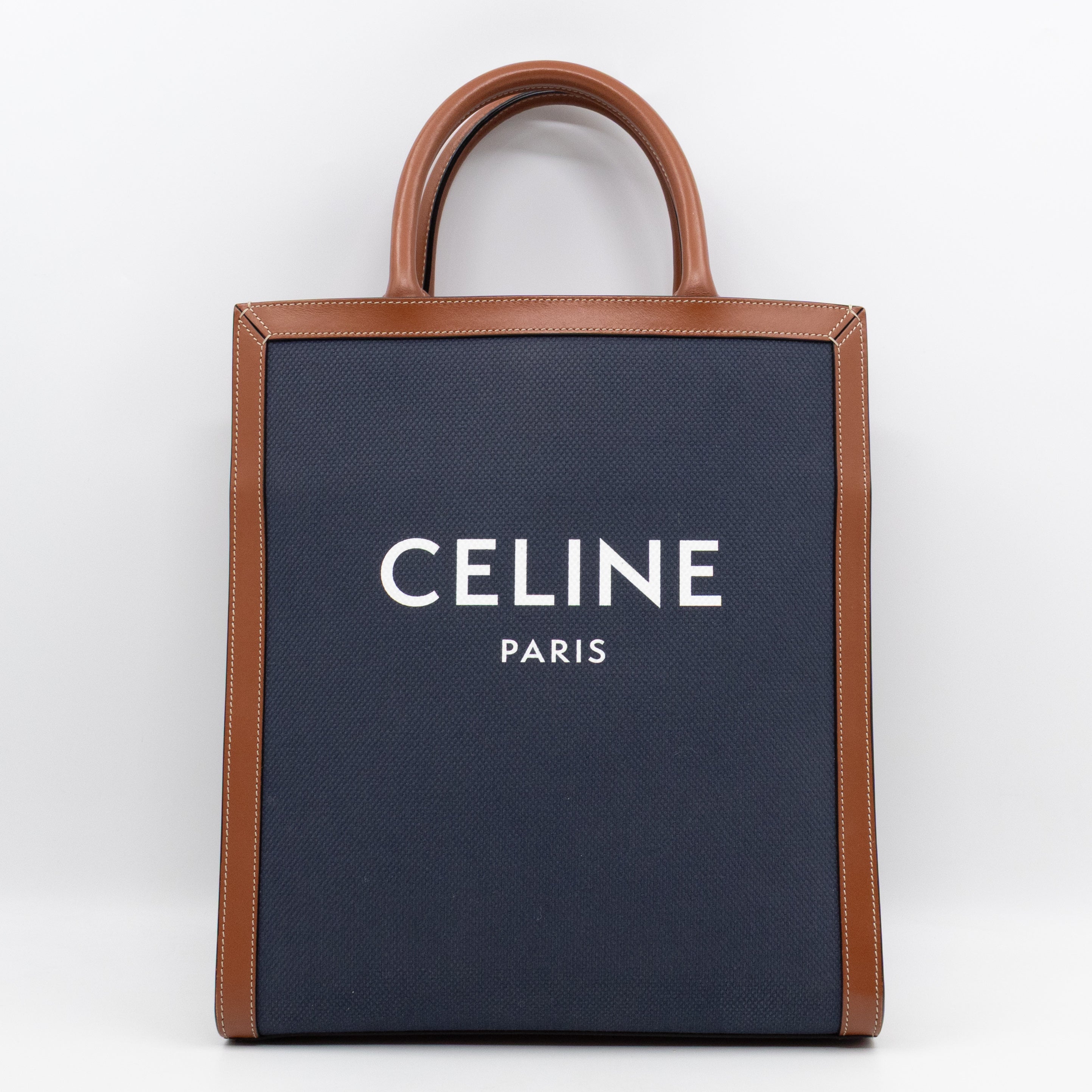 Small Vertical Cabas Navy Blue Canvas & Brown Leather