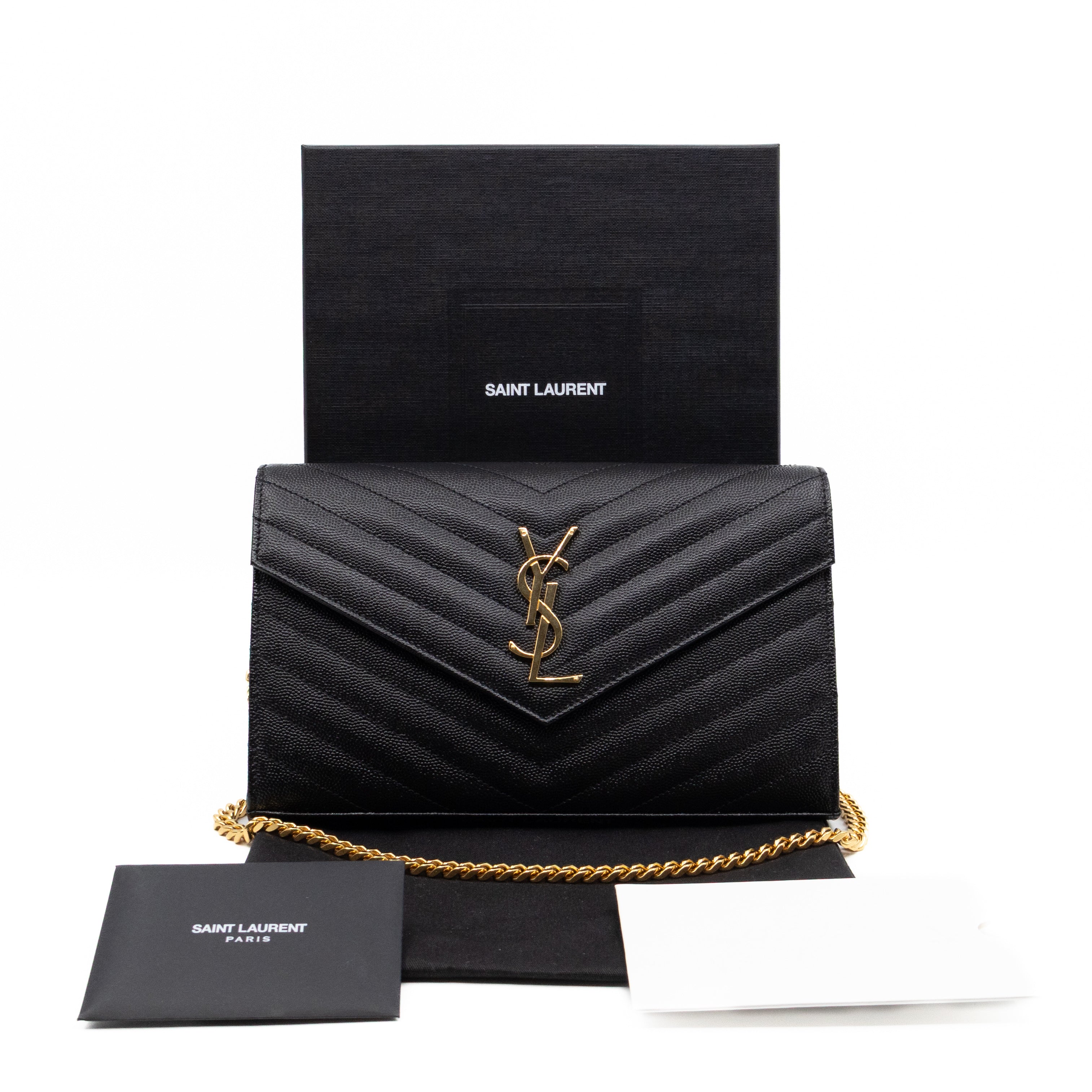 Cassandre Envelope Chain Wallet Black Grained Leather Gold