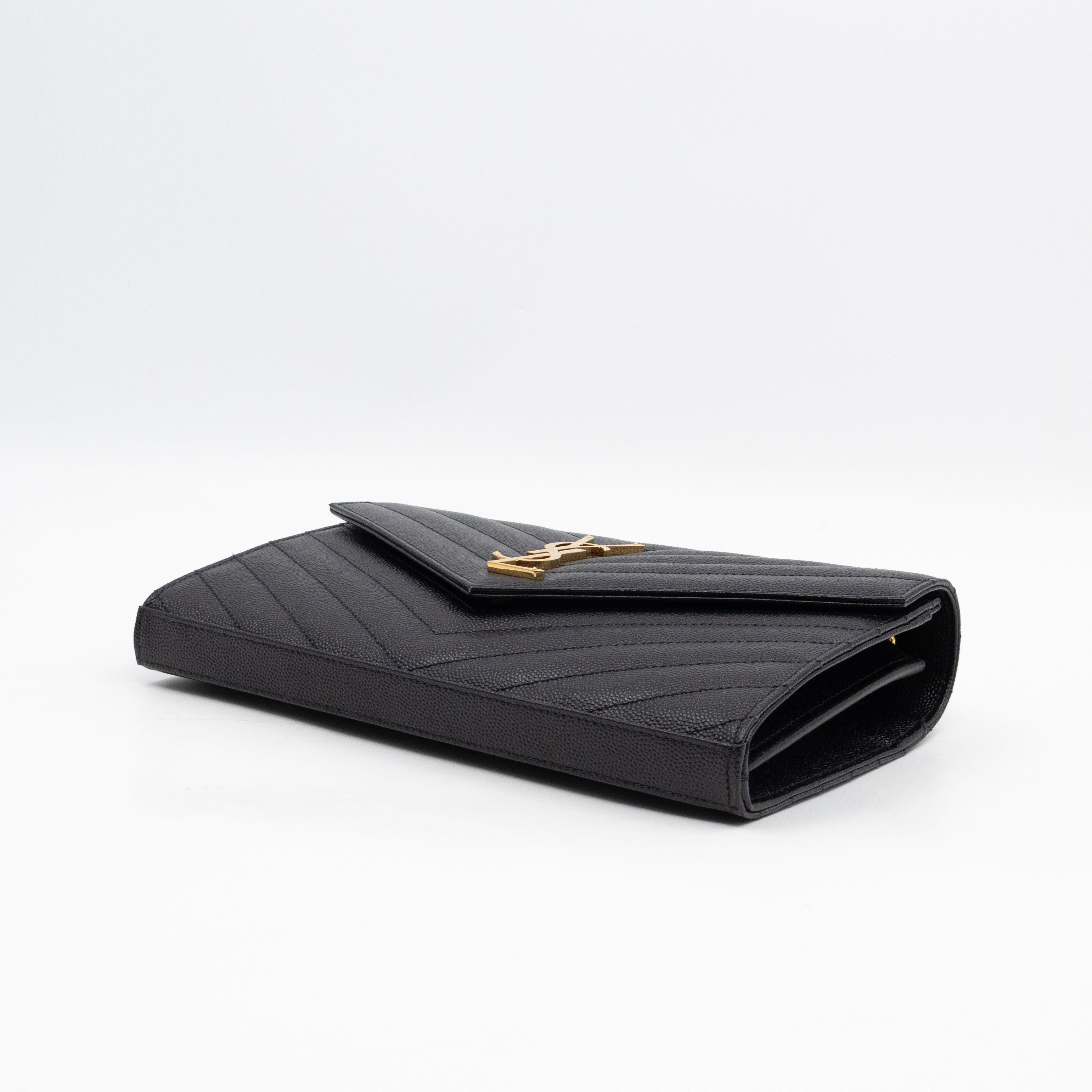 Cassandre Envelope Chain Wallet Black Grained Leather Gold