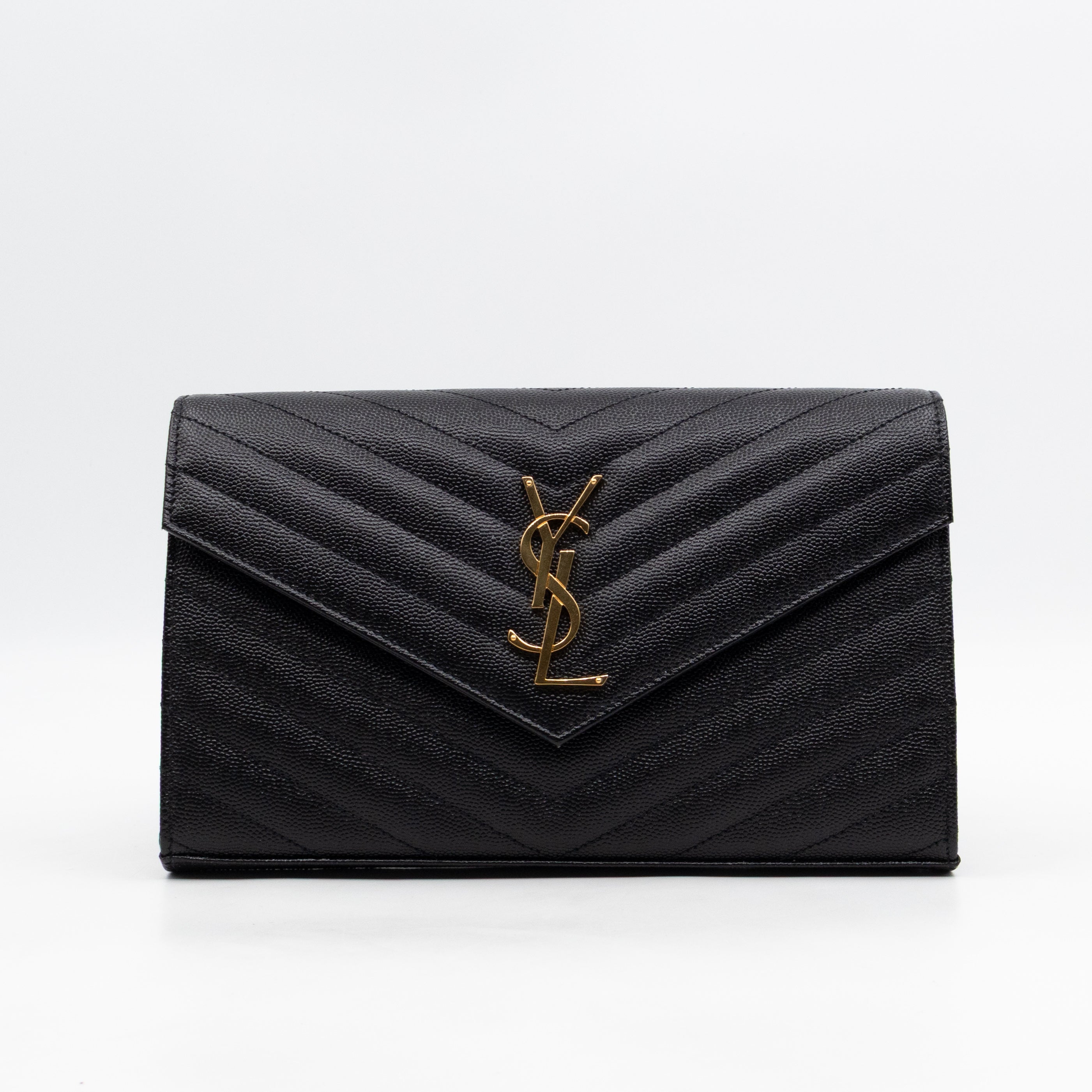 Cassandre Envelope Chain Wallet Black Grained Leather Gold