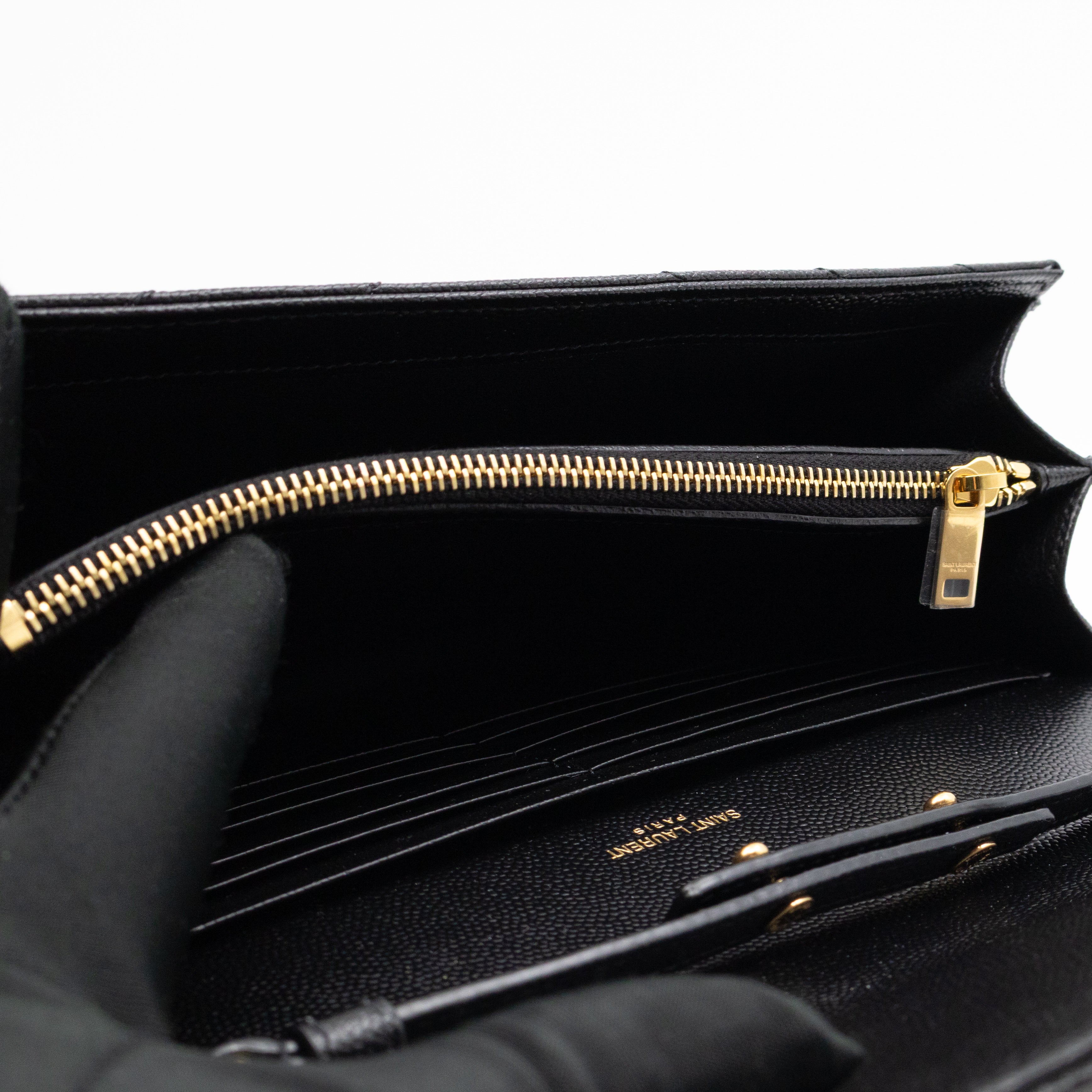 Cassandre Envelope Chain Wallet Black Grained Leather Gold