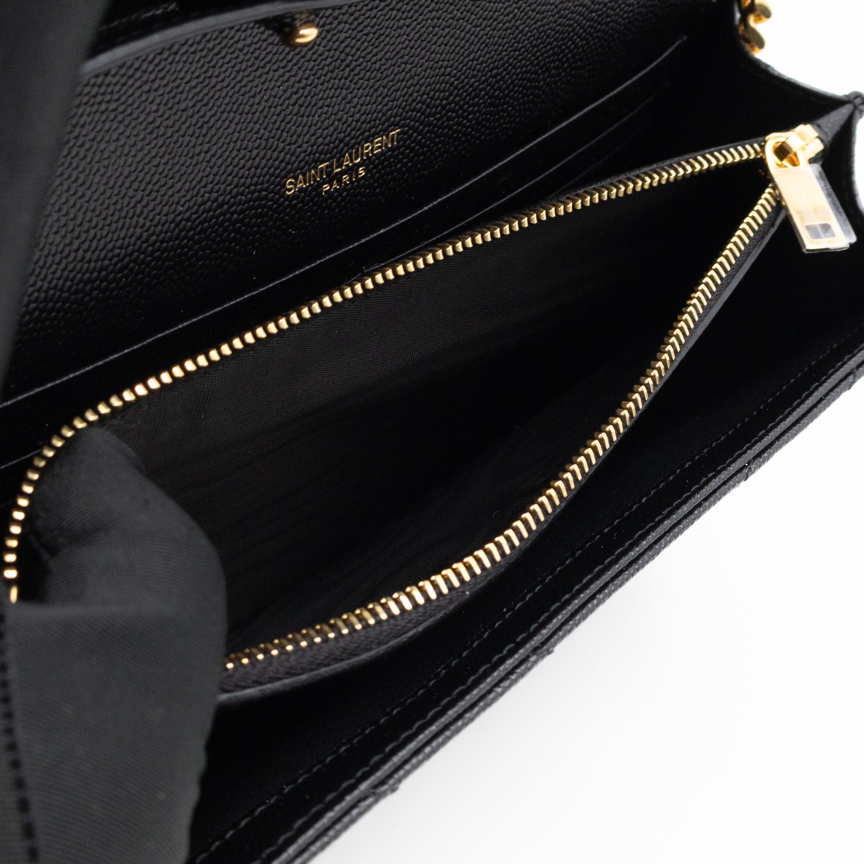 Cassandre Envelope Chain Wallet Black Grained Leather Gold